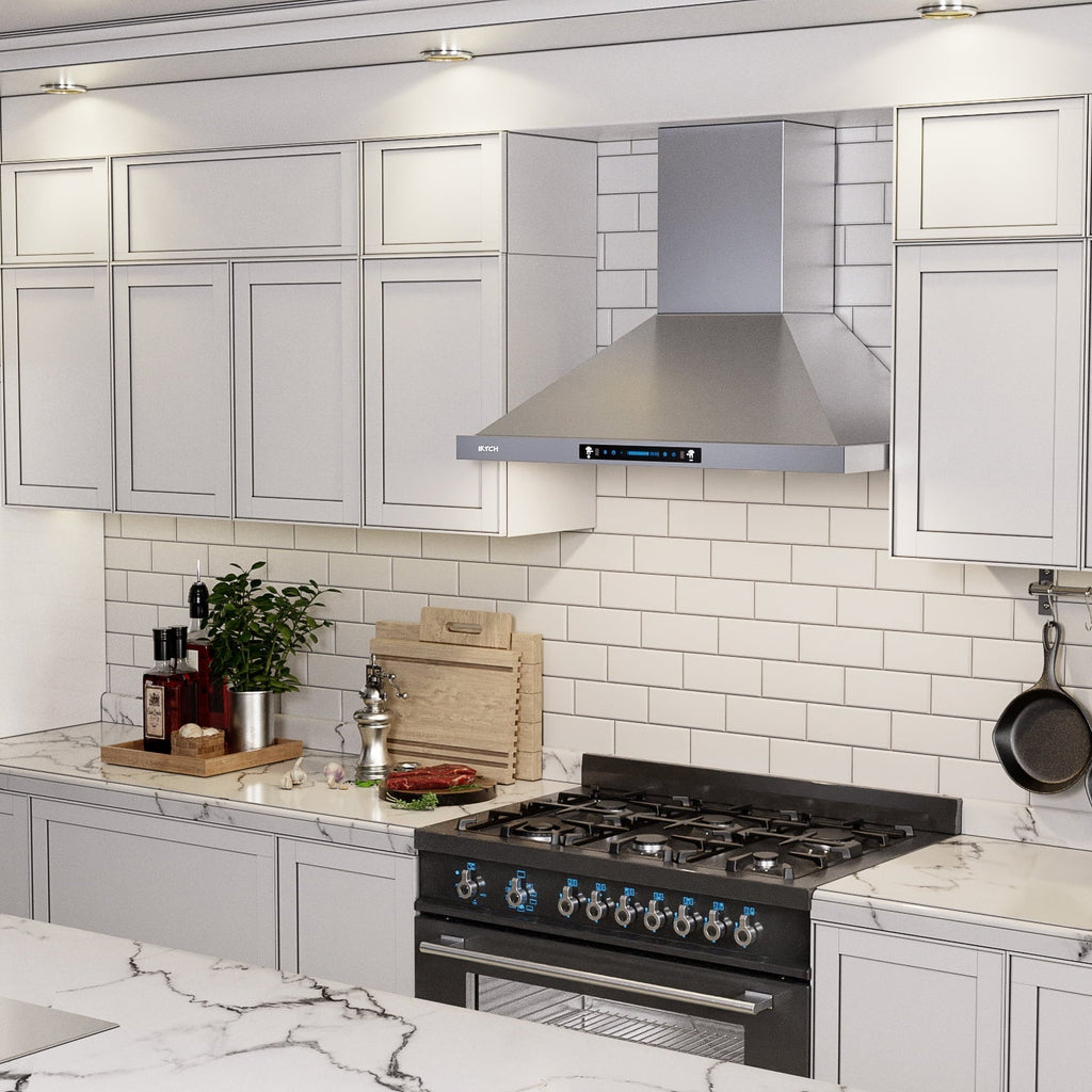 IKTCH Range Hoods 30 inch Wall Mount 900 CFM Ducted/Ductless Convertible, Kitchen Chimney Vent Stainless Steel with Gesture Sensing & Touch Control Switch Panel, 2 Pcs Adjustable Lights(IKP02-30)