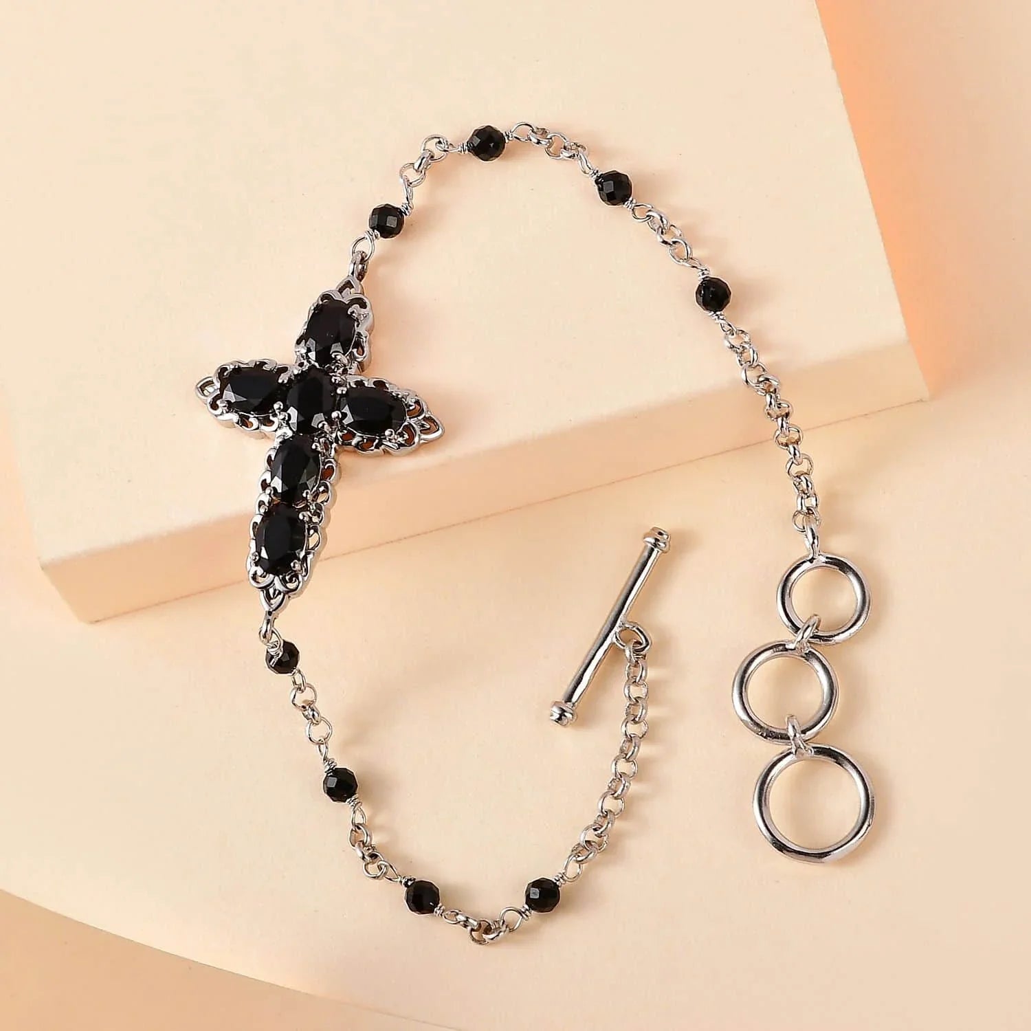 Shop LC Black Spinel Oval Platinum Plated Cross Bracelet for Women Jewelry Ct 4.79 Mothers Day Gifts for Mom