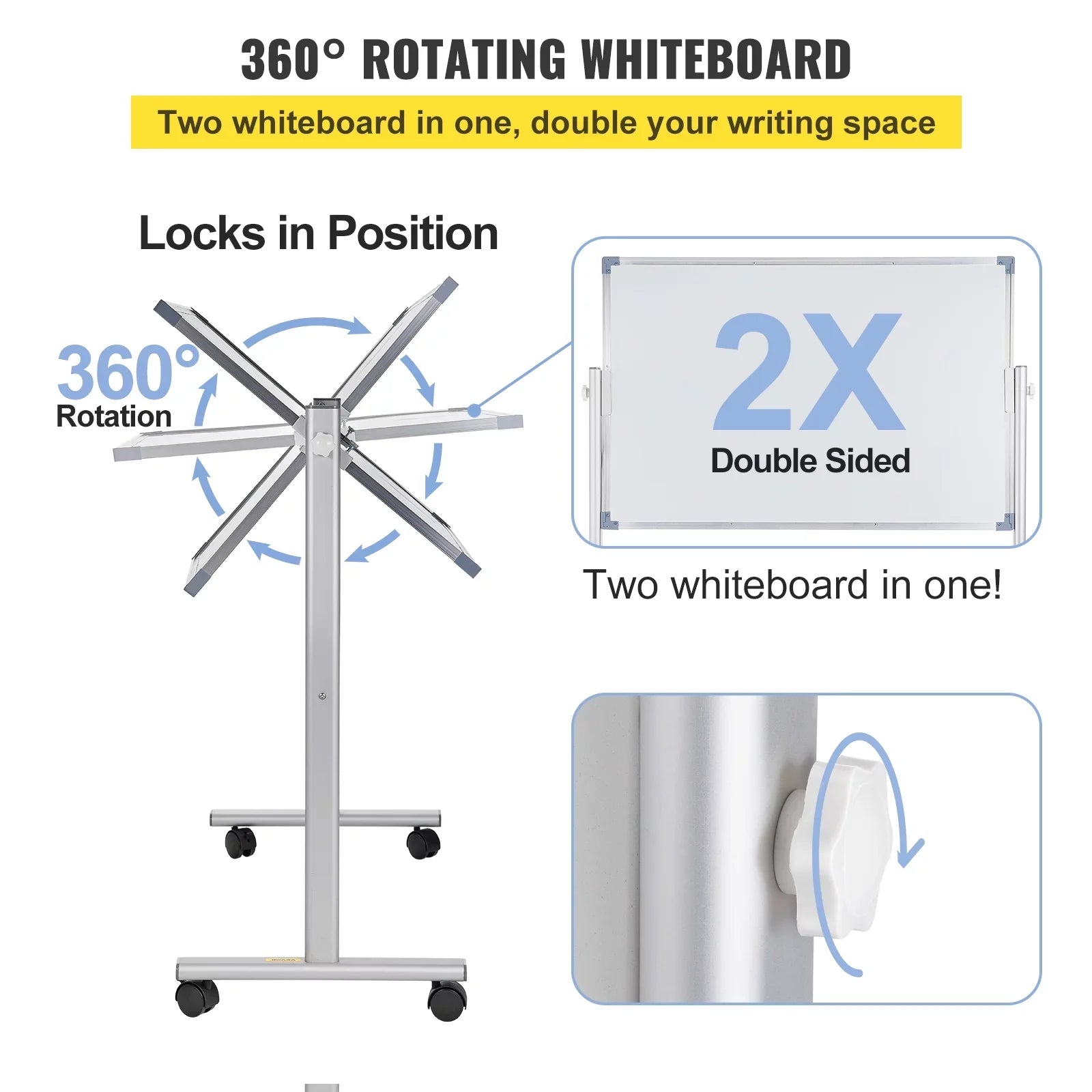 BENTISM Mobile Magnetic Whiteboard Dry Erase Board w/ Stand 36" x 24" Double Sided with Height Adjustable Aluminum Frame and 360 Reversible Rolling Lockable Swivel Wheels for Office School Home