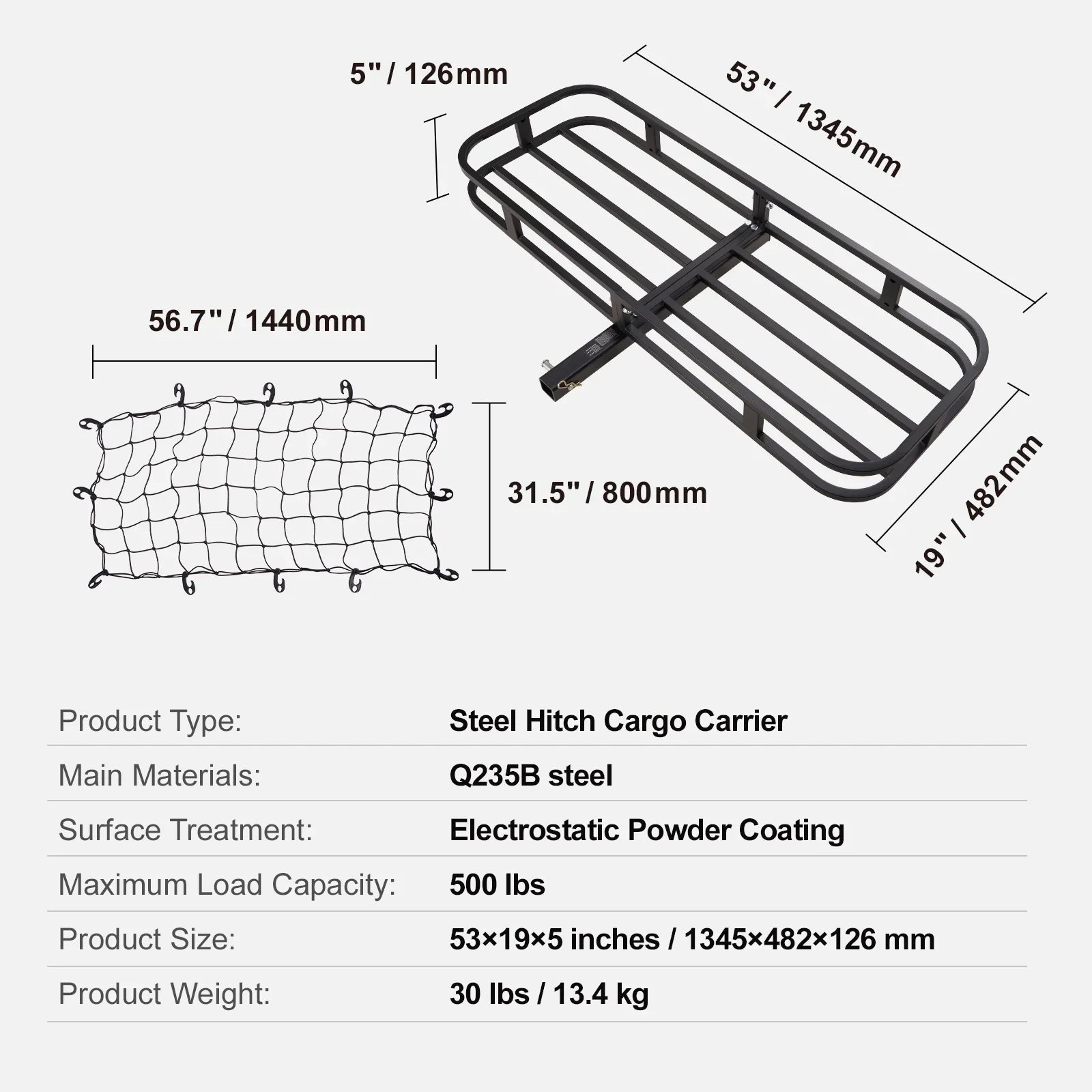 SKYSHALO Hitch Mount Cargo Carrier 500lb 53x19x5 in & Cargo Net Fits 2" Receiver