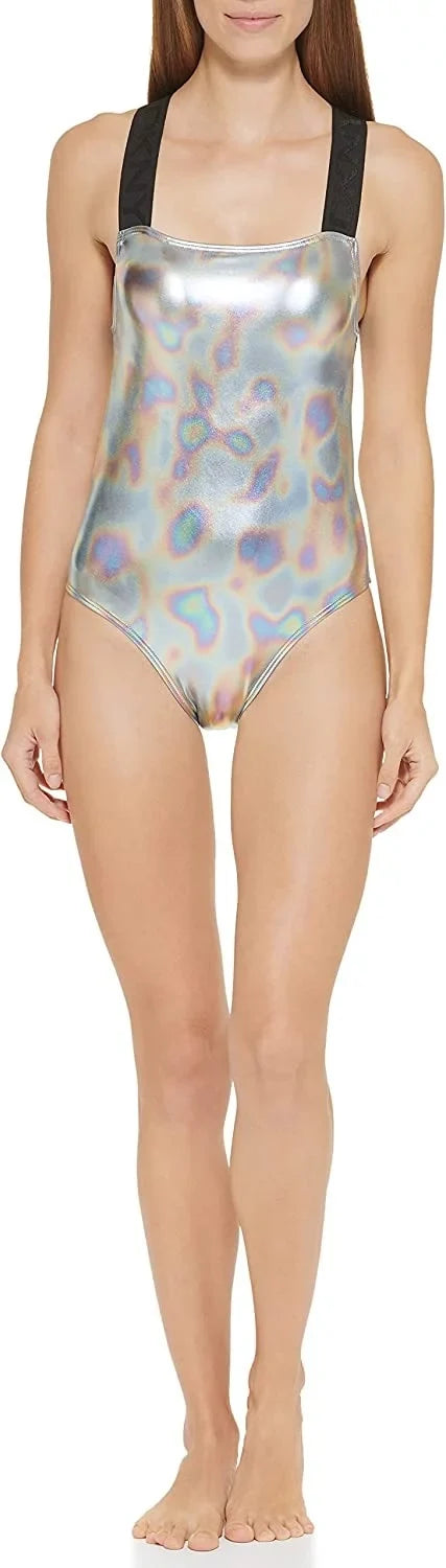 DKNY Women's Metallic Crisscross One Piece Swimsuit Gray Size X-Large