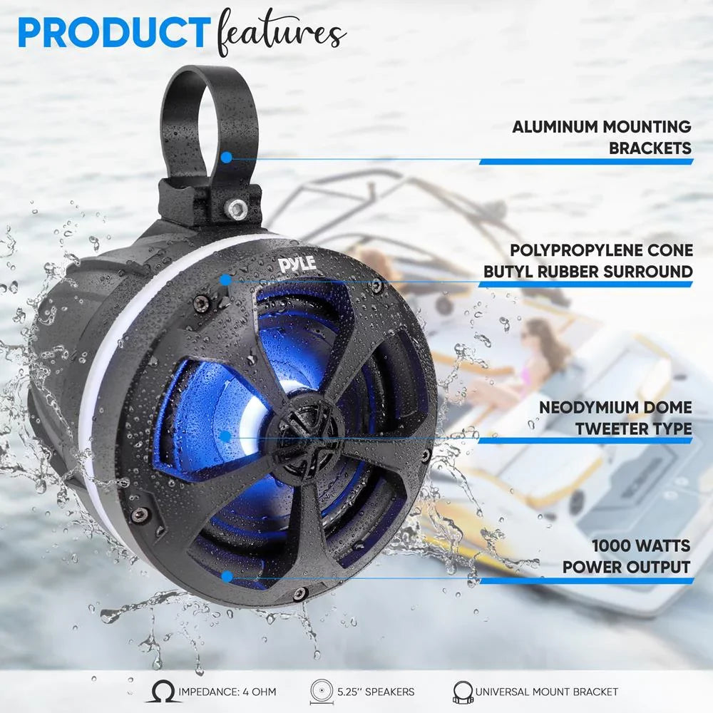 Pyle 5.25 In 1,000 Watt 2 Channel Waterproof Off Road Ship and ATV Speakers