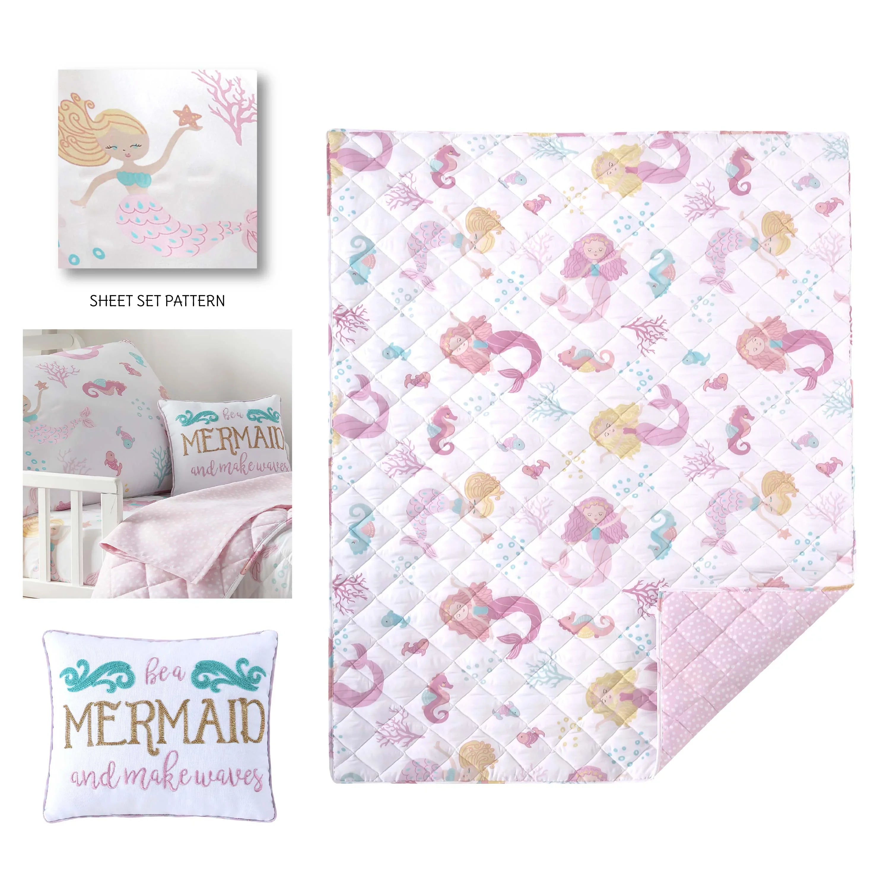 Levtex Baby - Mermaid Toddler Bed Set - Pink, Aqua, Taupe - Floral - 5 Piece Set Includes Reversible Quilt, Fitted Sheet, Flat Sheet, Pillow Case, Decorative Pilow