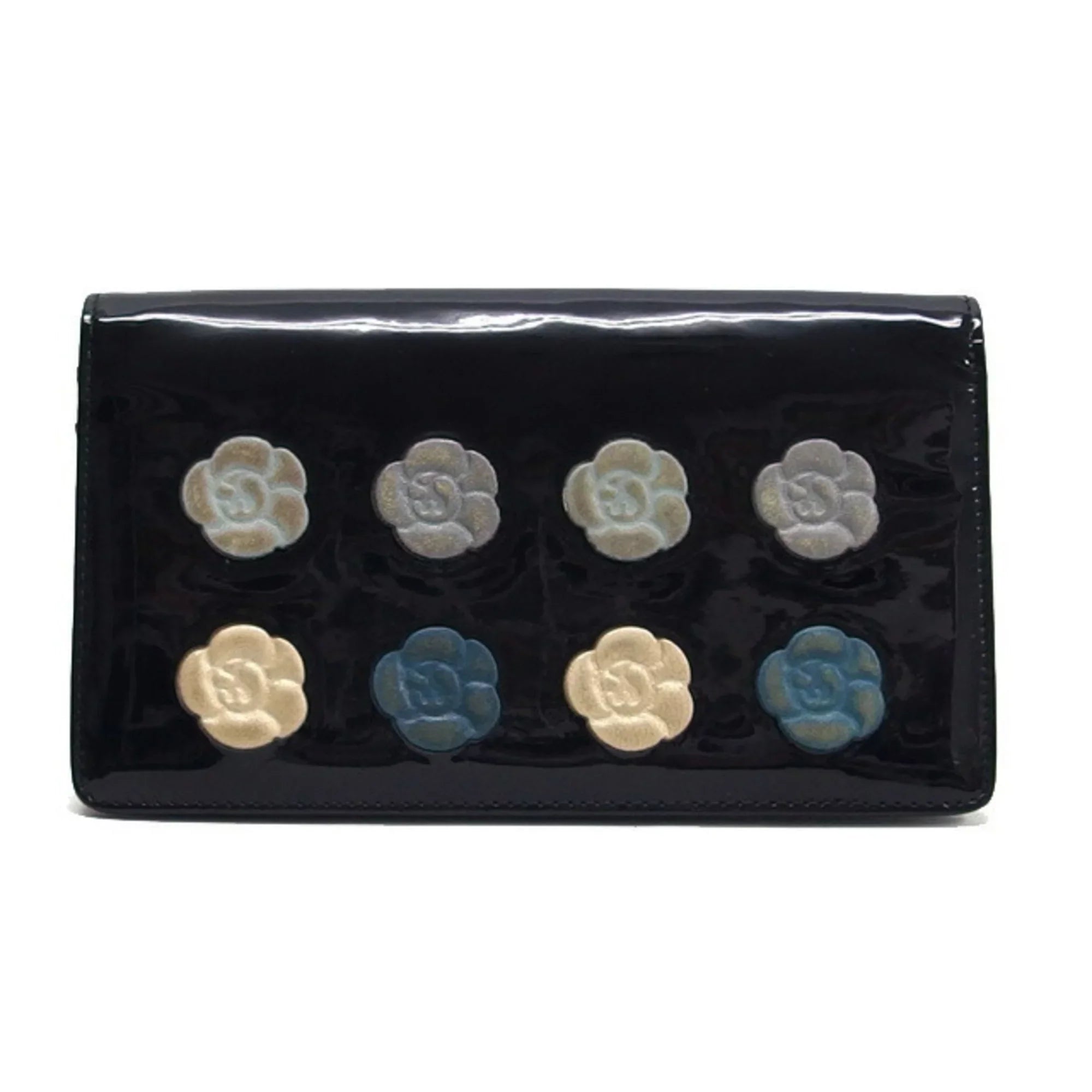 Pre-Owned Chanel camellia makeup palette bi-fold long wallet blue (Fair)
