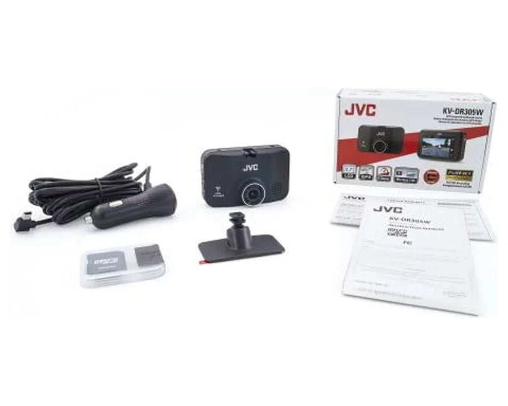 Jvc KV-DR305W 1920x1080p Full HD Recorder GPS Dash Cam for Car, 2.7" LCD Screen Dashboard Camera, Built-in Wi-Fi, 3-Axis G-Force Sensor, Night Enhancement WDR, Includes 16GB Class 10 microSD Card