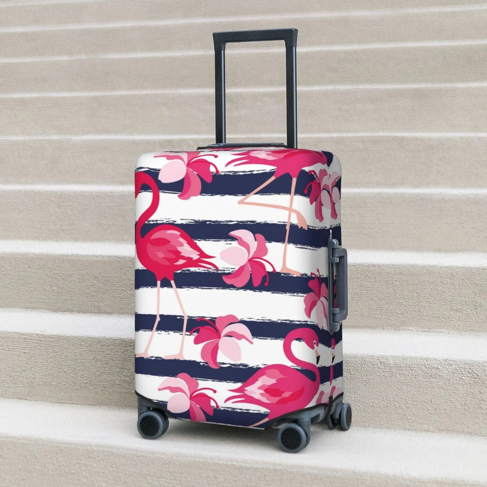 Ocsxa Travel Dust-Proof Suitcase Wrap Dark Blue Stripes And Pink Flamingos Print Luggage Wrap Protector For 18-32inch