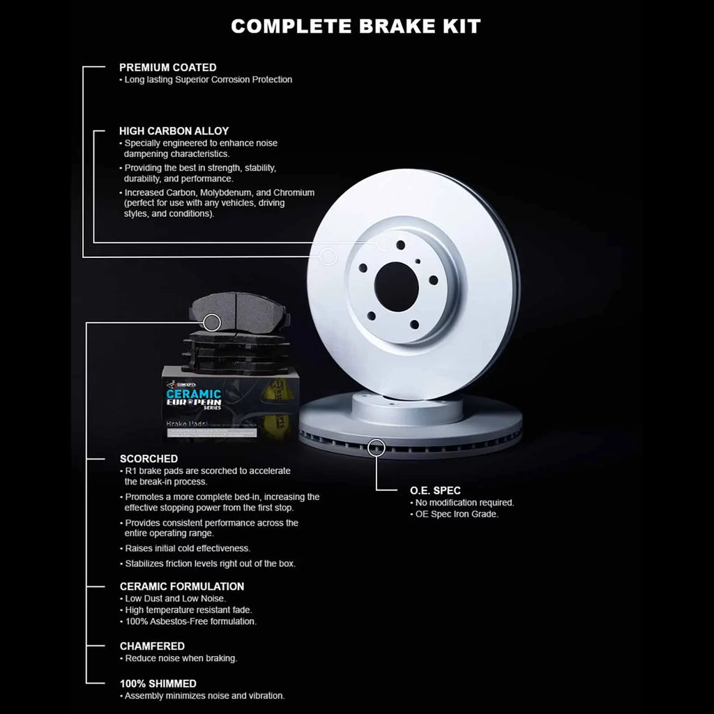 R1 Concepts Wdth1 59006 R1 Brake Rotors Carbon Coated W/ Euro Ceramic Pads & Fits select: 2017-2020 HONDA CIVIC SI