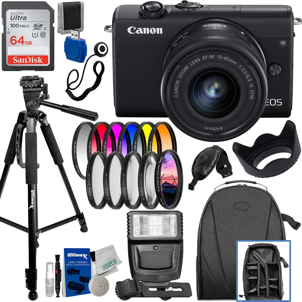 Ultimaxx Deluxe Canon EOS M200 Mirrorless Camera w/ 15-45mm f/3.5-6.3 IS STM Lens Bundle - Includes: 64GB Ultra Memory Card, Digital Flash with Bracket & Much More
