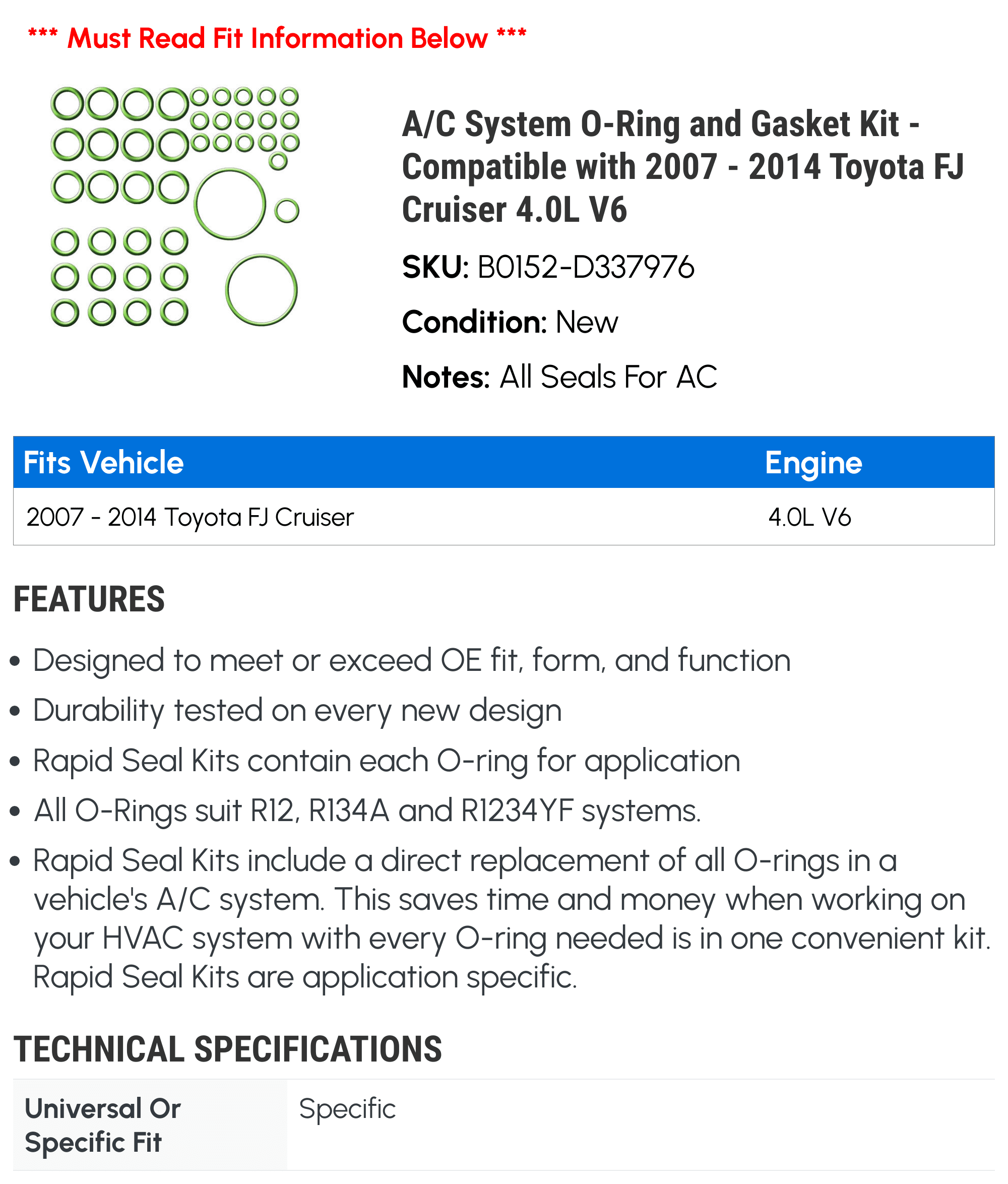 A/C System O-Ring and Gasket Kit - Matching with 2007 - 2014 Toyota FJ Cruiser 4.0L V6 2008 2009 2010 2011 2012 2013