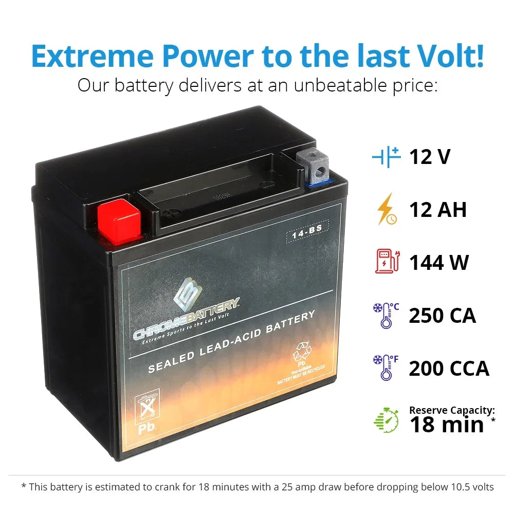 Chrome Battery YTX14-BS (14-BS 12 Volt,12 Ah, 200 CCA) Motorcycle Battery for Honda 1100cc Vt1100c, C3, T Shadow (spirit, Aero, A. C. E. Tourer) 2003