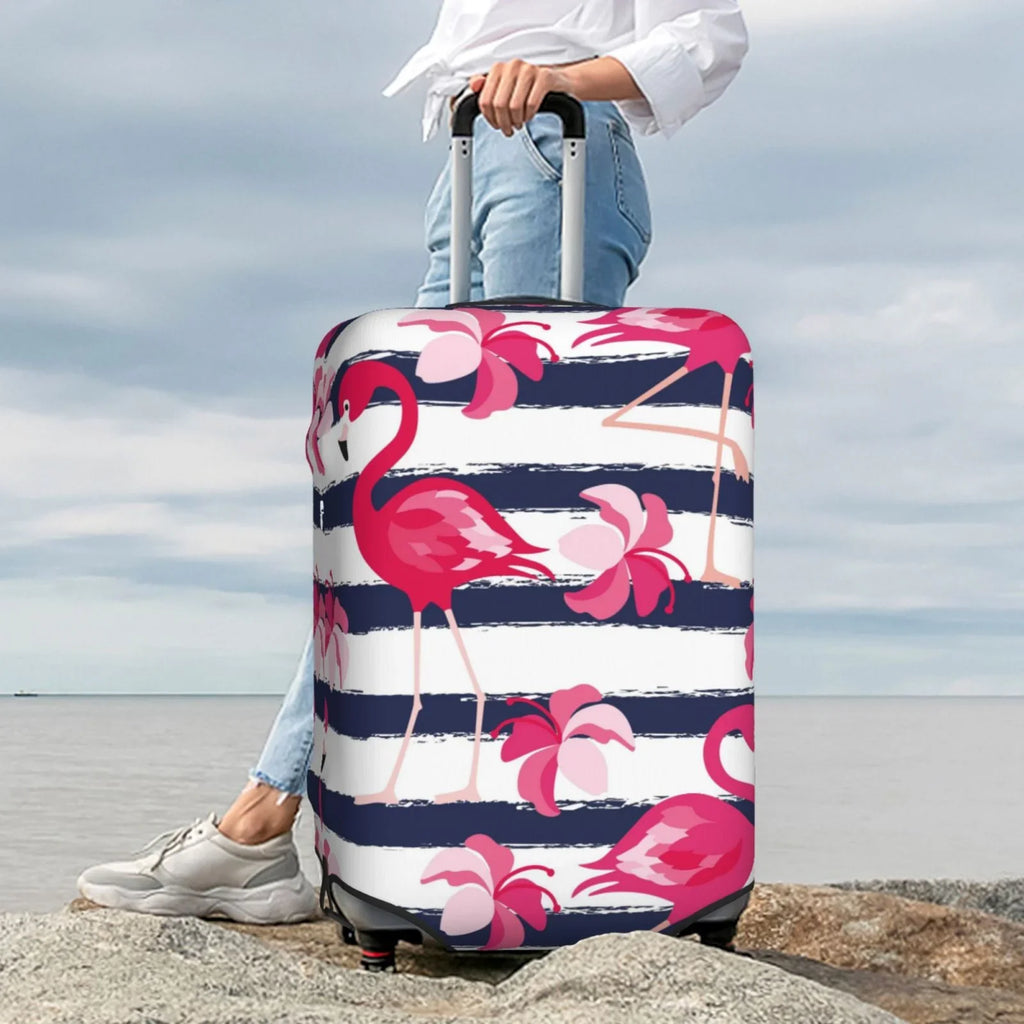 Ocsxa Travel Dust-Proof Suitcase Wrap Dark Blue Stripes And Pink Flamingos Print Luggage Wrap Protector For 18-32inch
