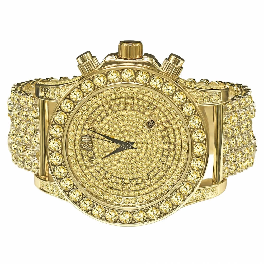 Mens Canary Bling Master Custom Watch Yellow Gold Tone Solitaire Simulated Diamonds Iced Out Band