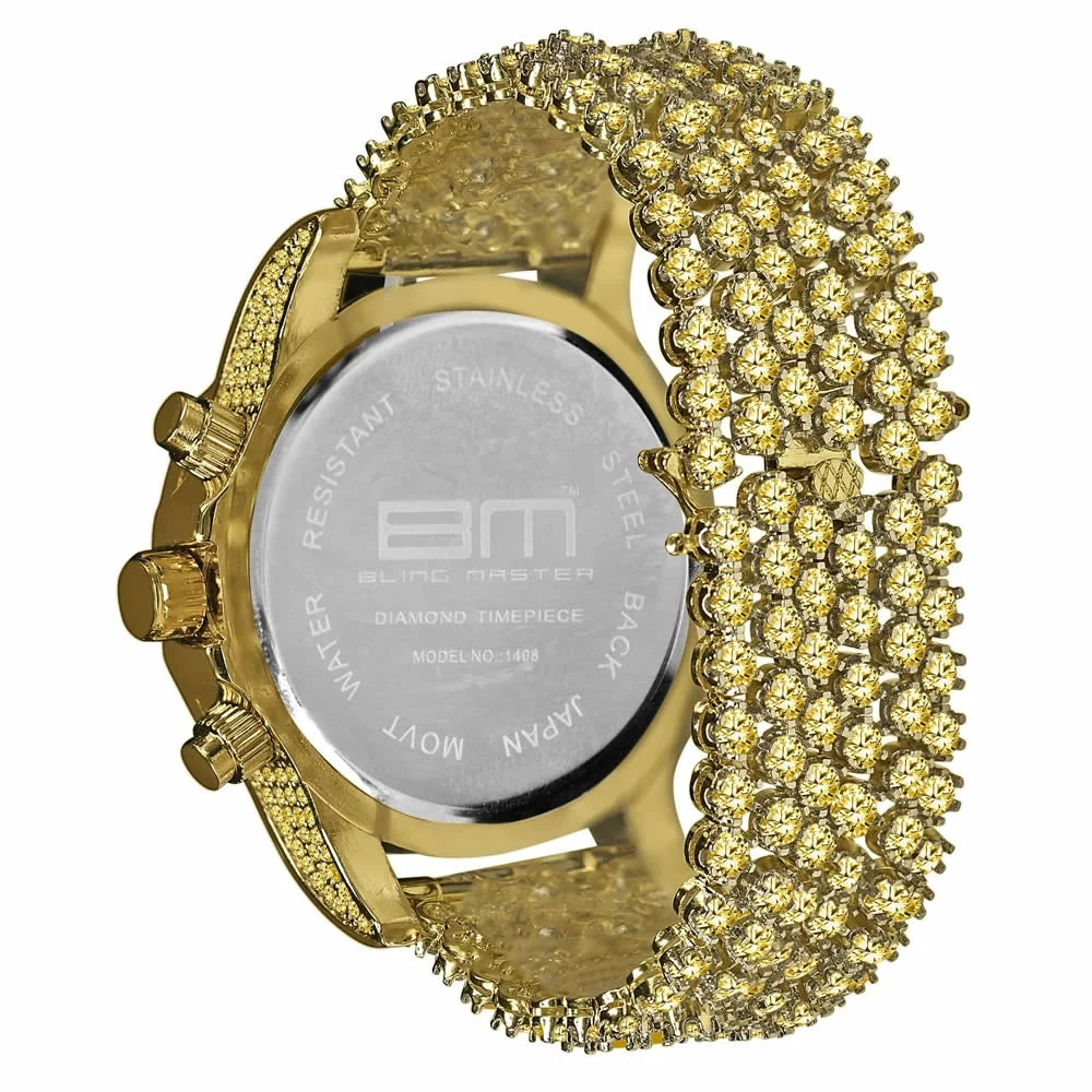 Mens Canary Bling Master Custom Watch Yellow Gold Tone Solitaire Simulated Diamonds Iced Out Band