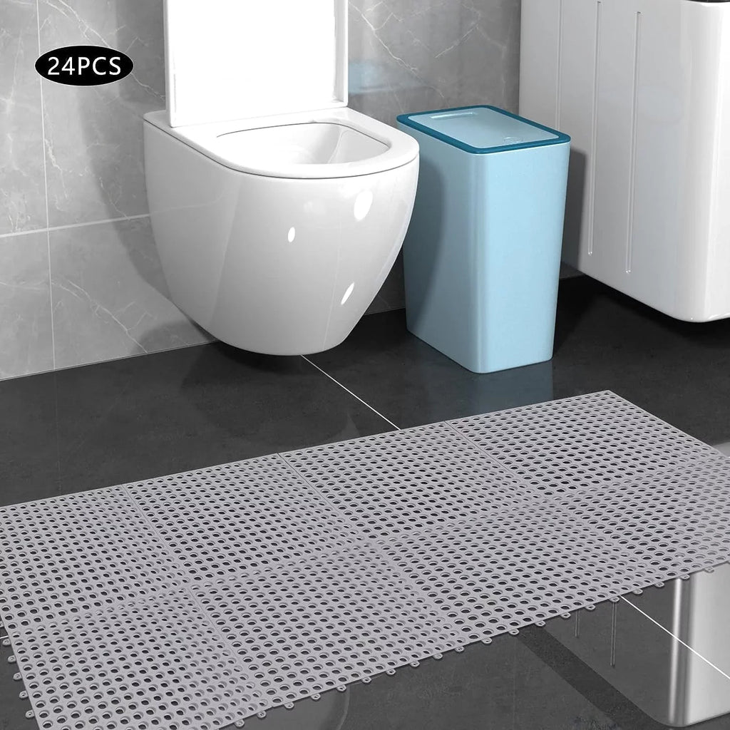 24PCs 11.8*11.8" Interlocking Nonslip Bath Mat,Soft Gray PVC Shower Floor Mat with Drainage Holes for Bathroom, Kitchen, Pool