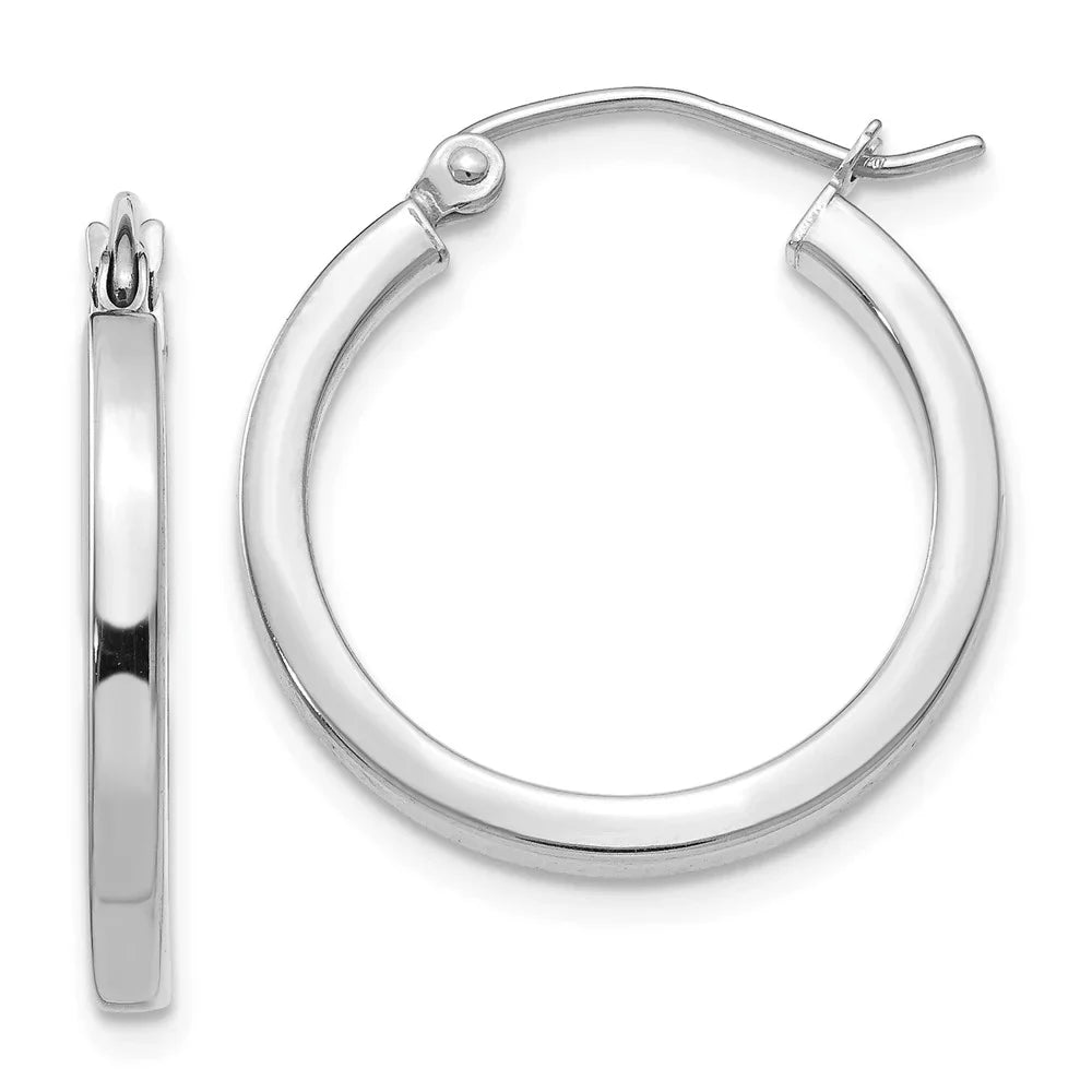 Real 14kt White Gold 2mm Princess Square Tube Hoops; for Adults and Teens; for Women and Men