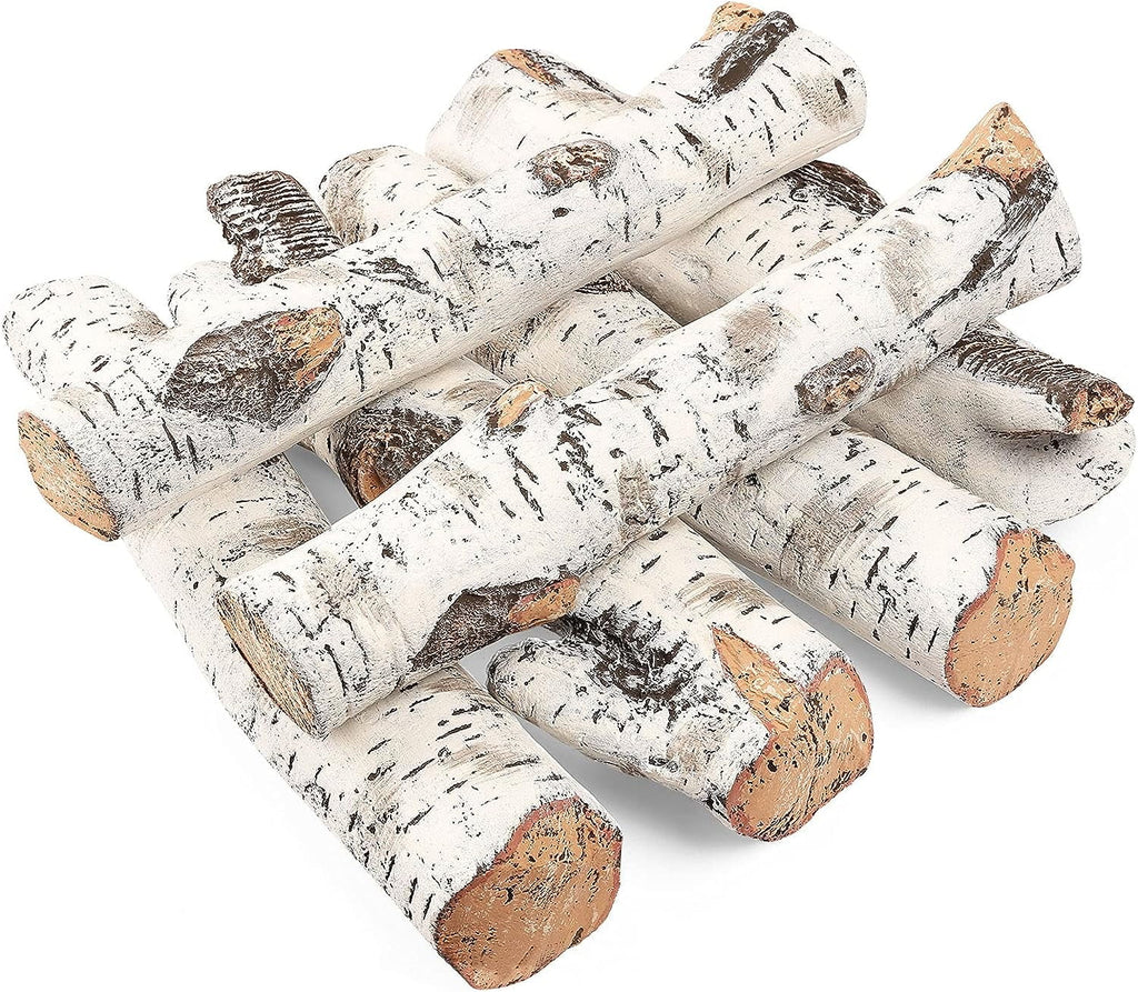 Hisencn Gas Fireplace Logs Set Ceramic White Birch Wood Logs for Indoor Inserts Outdoor Firebowl,Fire Pits, Vented, Propane, Gel, Ethanol, Electric, Realistic Fireplace Decoration 6 Pcs