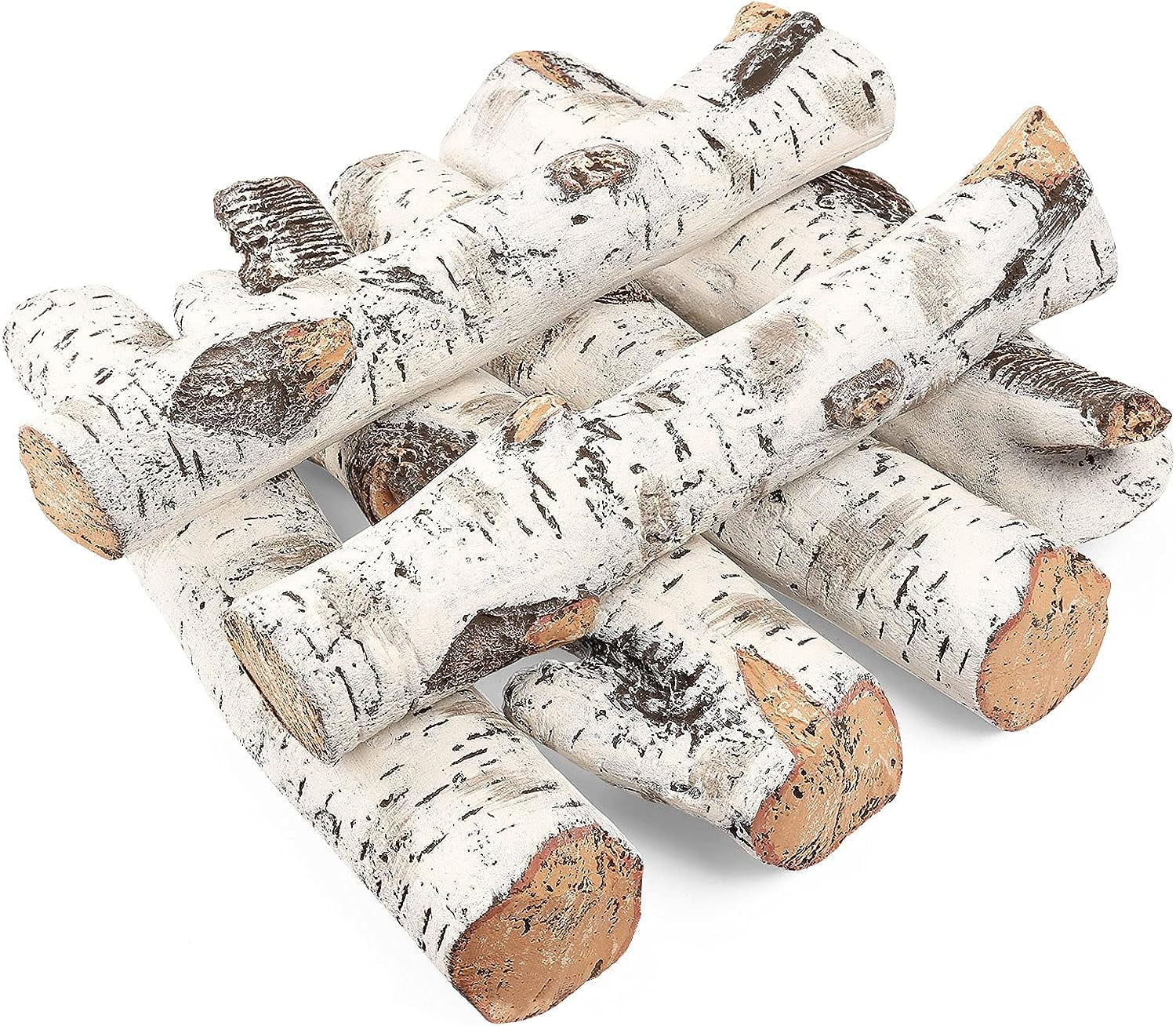 Hisencn Gas Fireplace Logs Set Ceramic White Birch Wood Logs for Indoor Inserts Outdoor Firebowl,Fire Pits, Vented, Propane, Gel, Ethanol, Electric, Realistic Fireplace Decoration 6 Pcs