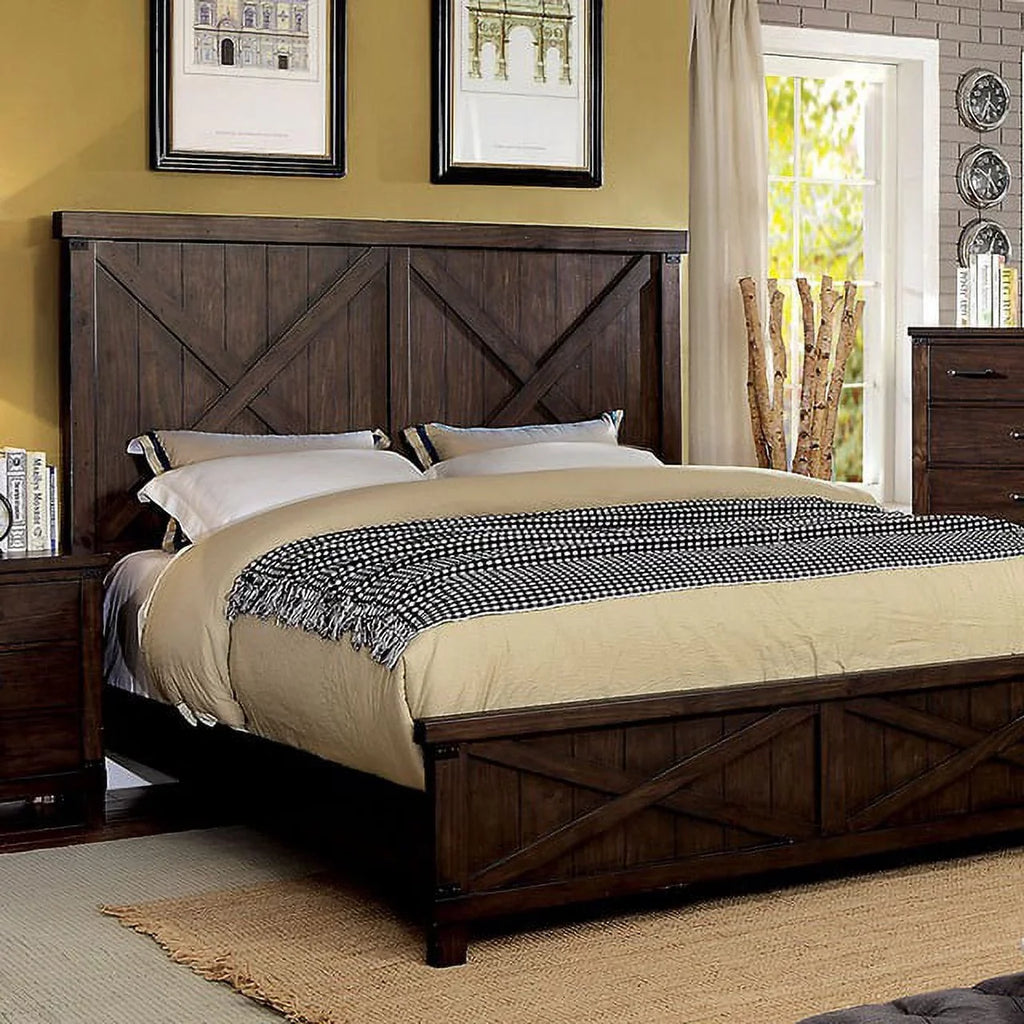 Rustic Style Dark Walnut Transitional Bedroom Furniture 1pc Bed Plank Style HB FB Eastern King Size Bed Solid Wood