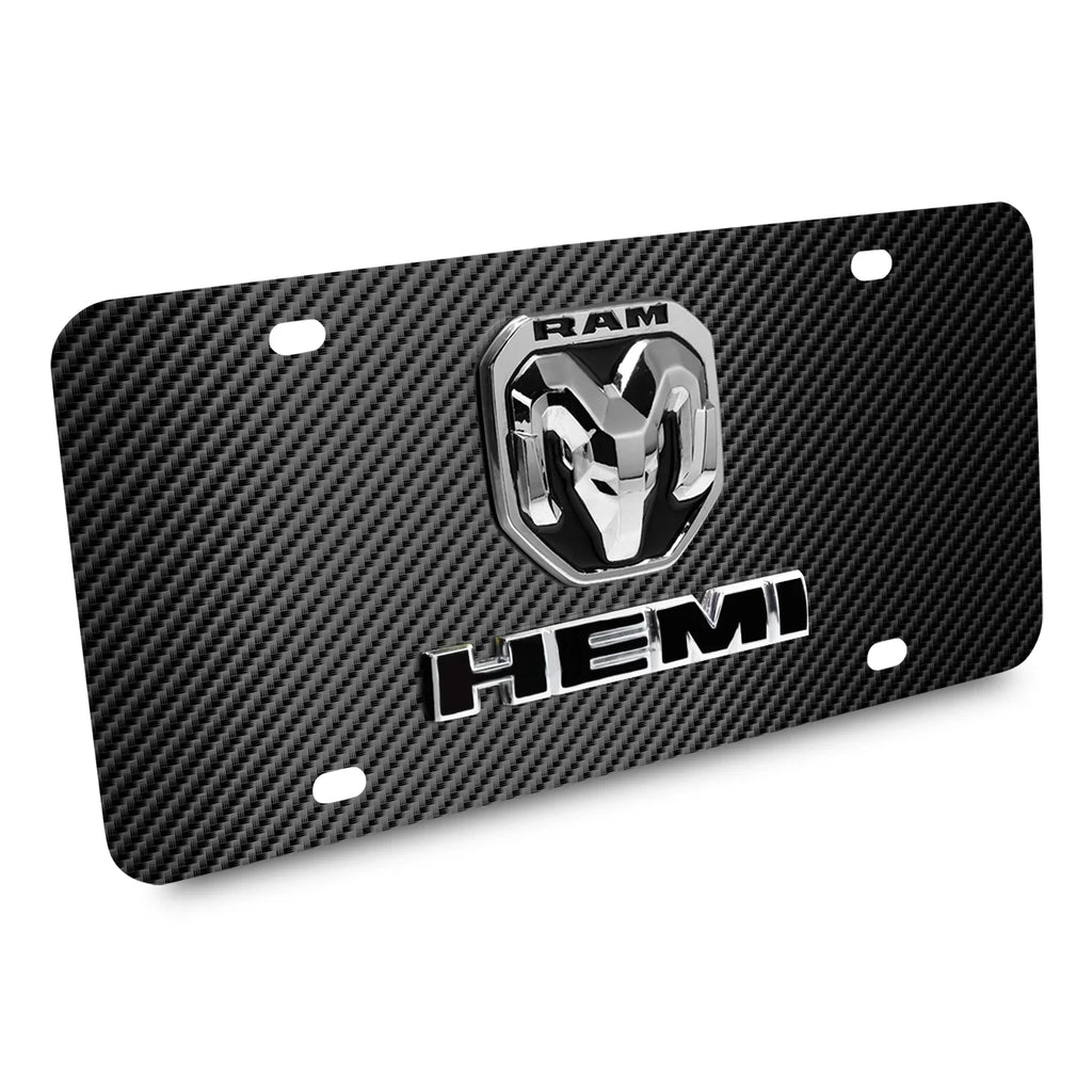 RAM 2019 up HEMI 3D Dual Logo Black Carbon Fiber Patten Steel License Plate