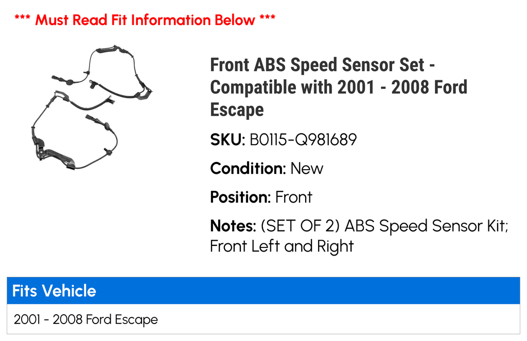 Front ABS Speed Sensor Set - Matching with 2001 - 2008 Ford Escape 2002 2003 2004 2005 2006 2007