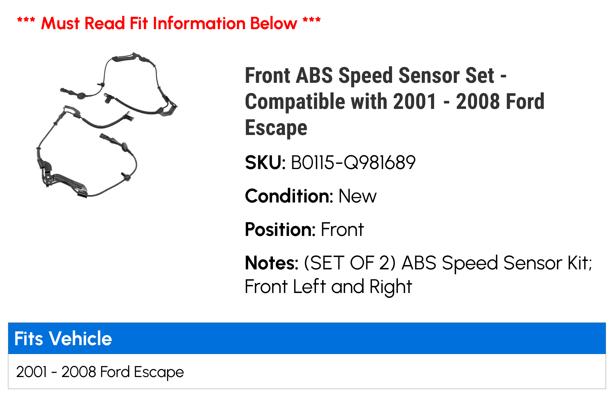 Front ABS Speed Sensor Set - Matching with 2001 - 2008 Ford Escape 2002 2003 2004 2005 2006 2007