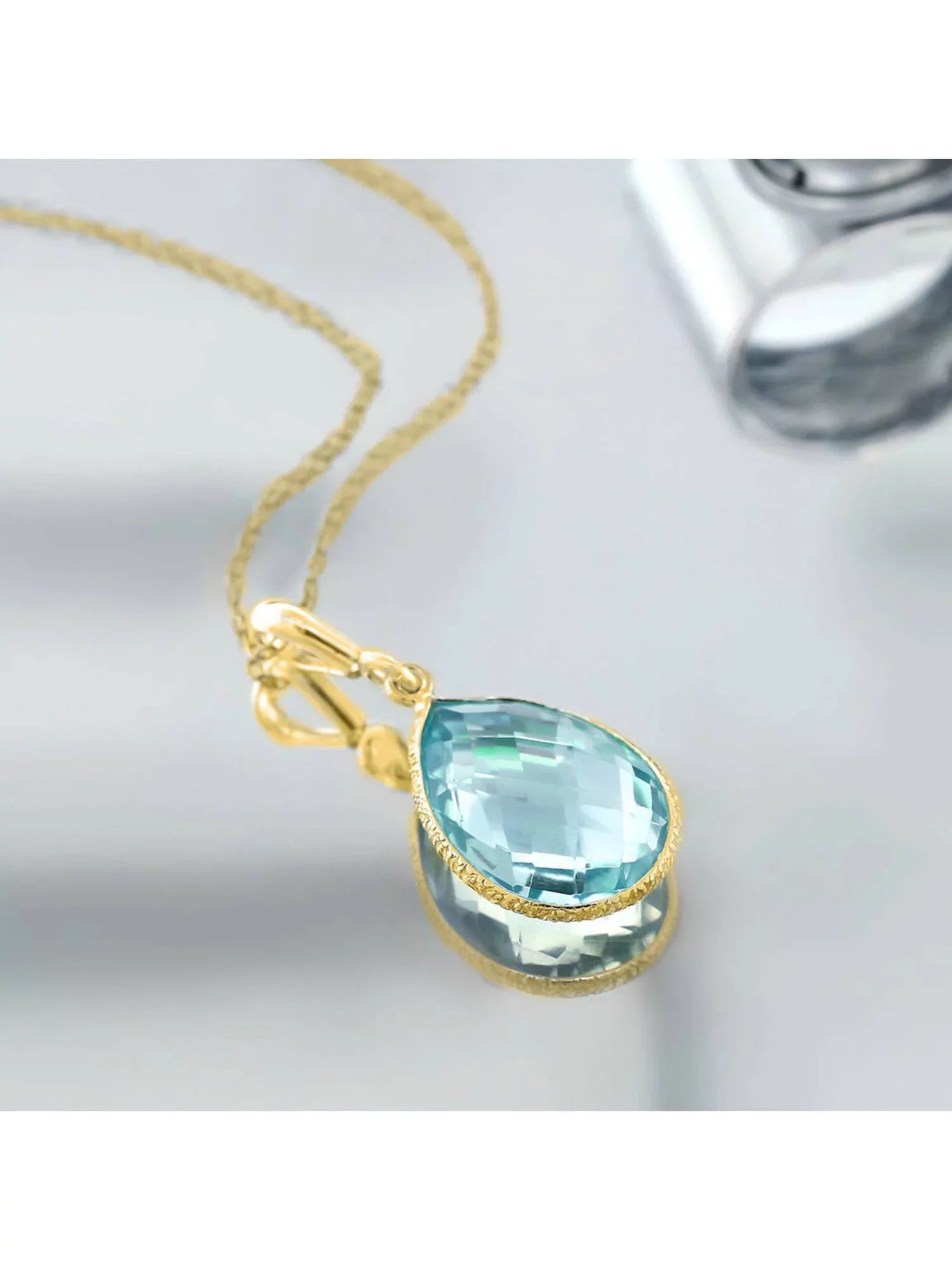 Gem Stone King 9.00 Ct Blue Topaz 16x12mm Pear Shape 18K Yellow Gold Plated Silver Pendant 18 inches Chain