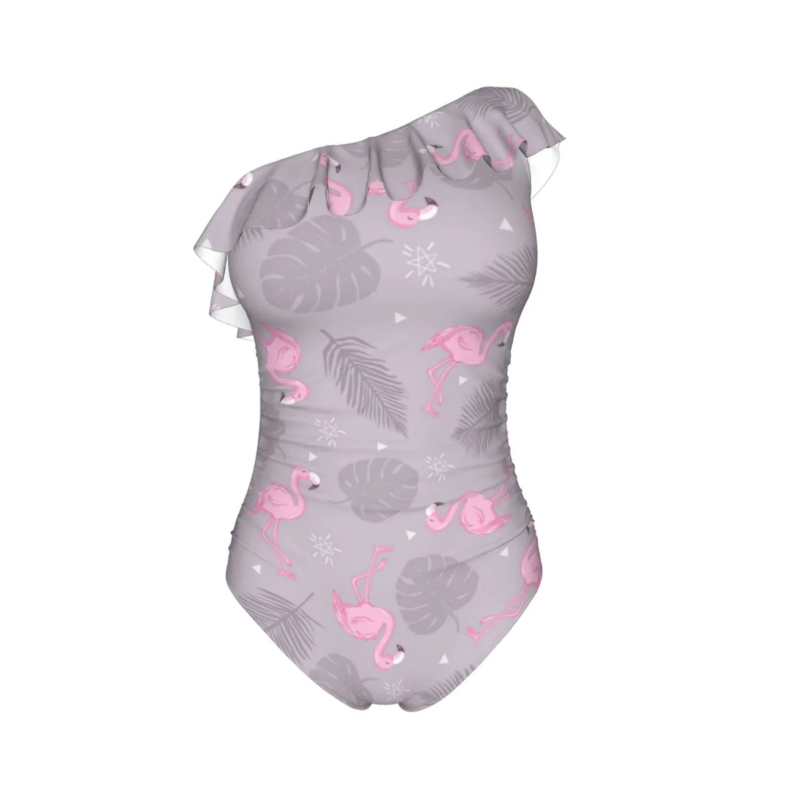 Coaee Pink Flamingo Women's One Piece Swimsuits One Shoulder Swimwear Asymmetric Ruffle Monokinis Bathing Suits - Small