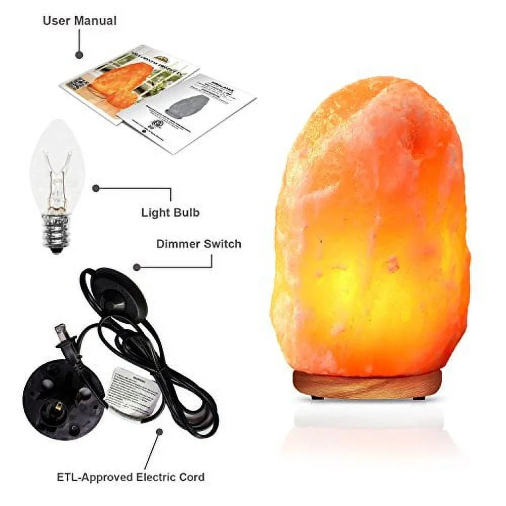 WBM Himalayan Glow Hand Carved Natural Crystal Himalayan Salt Lamp With Genuine Neem Wood Base, Bulb And Dimmer Control.8 to 9 Inch, 8 to 11 lbs.