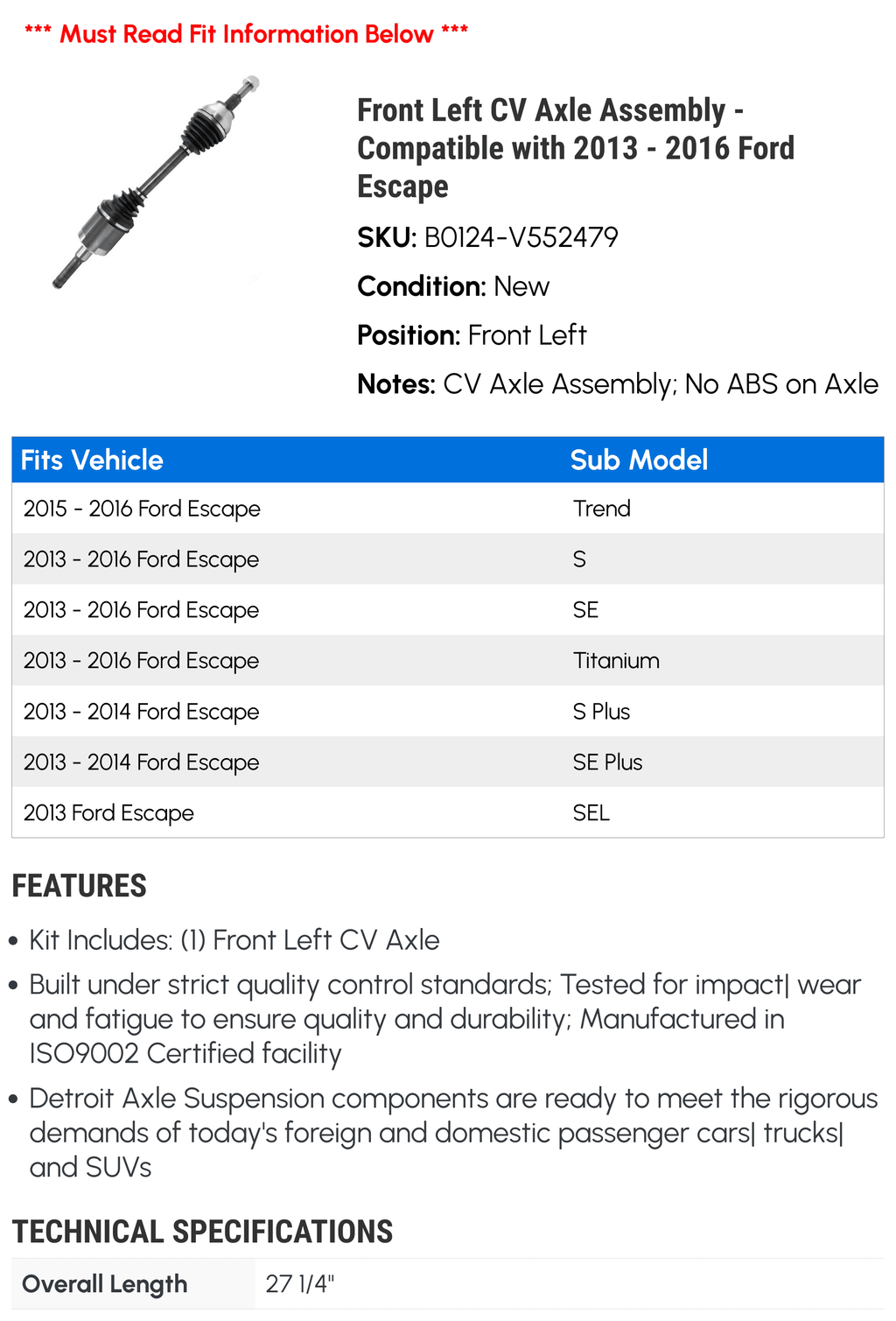 Front Left CV Axle Assembly - Fitting with 2013 - 2016 Ford Escape 2014 2015
