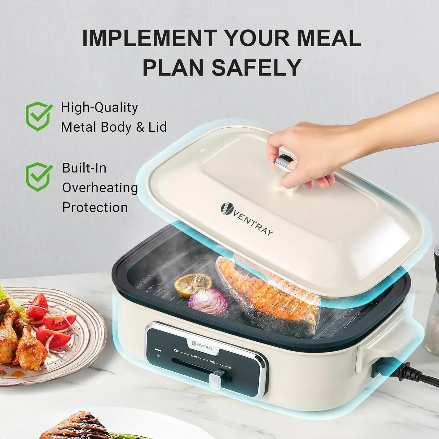 YANPO Classic Indoor Grill Set, Versatile Electric Grill Griddle Skillets Set with 5 Removable Nonstick Plates, Lid for Grilling, HotPot, BBQ, Dessert, Stir Fry, Paella Pasta Pot, Mushroom White