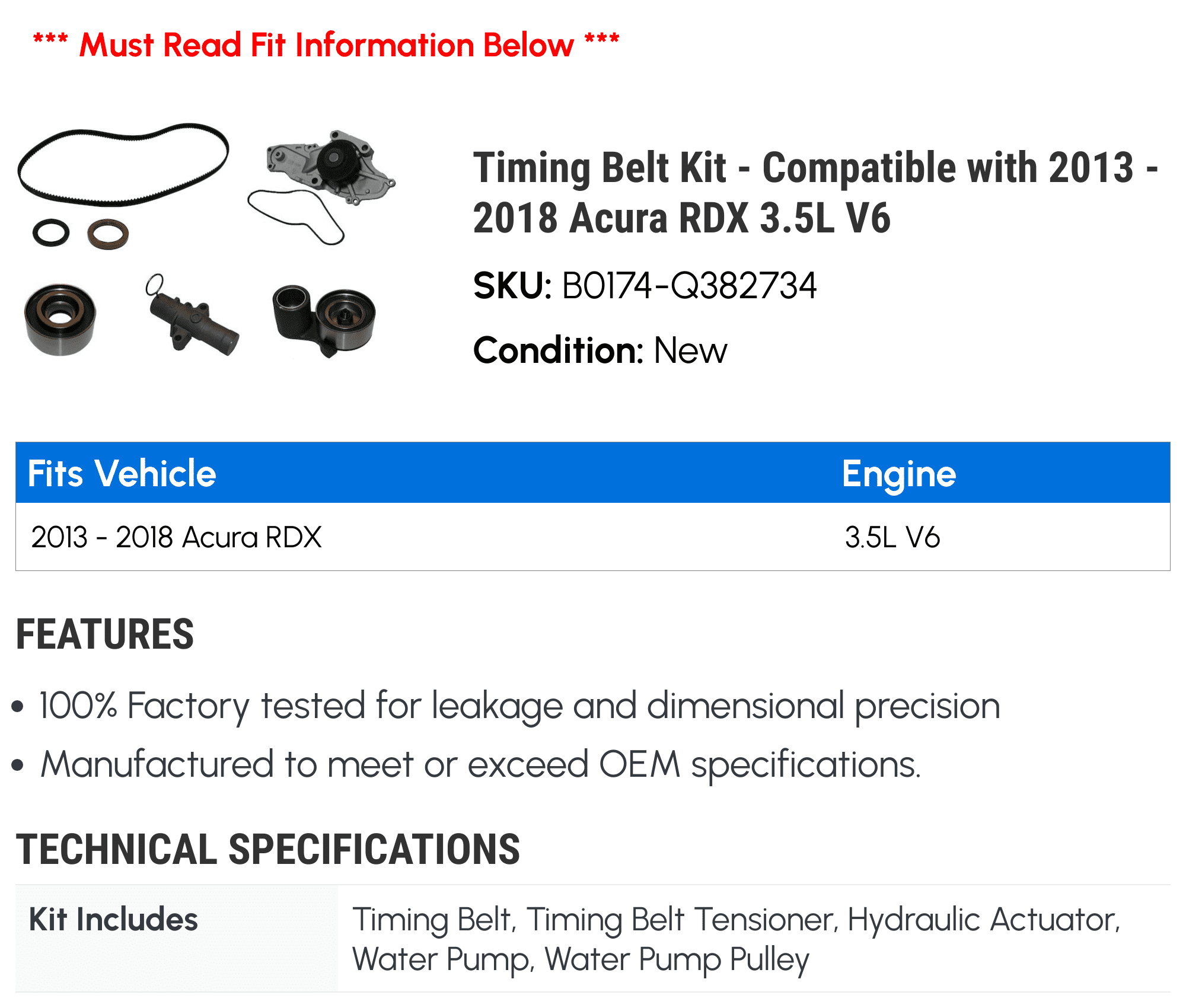 Timing Belt Kit - Matching with 2013 - 2018 Acura RDX 3.5L V6 2014 2015 2016 2017