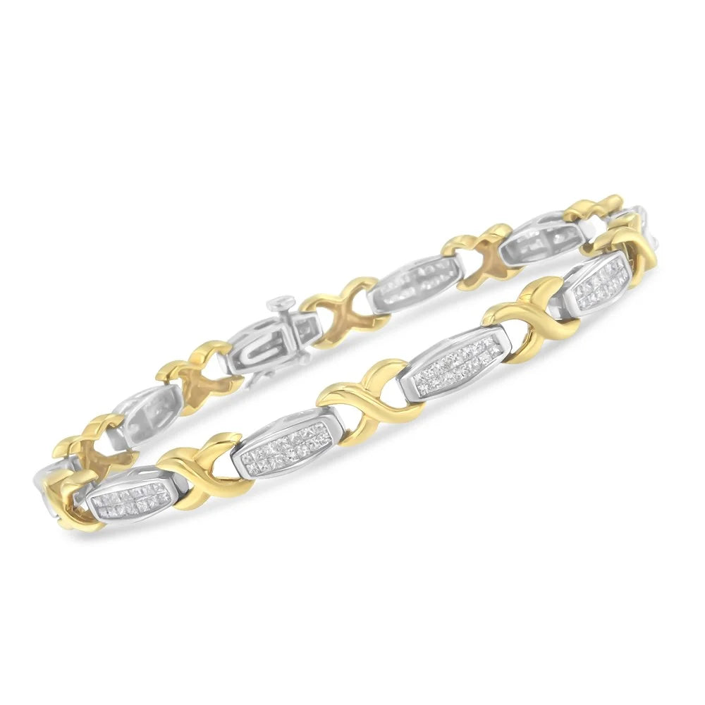 14K Yellow and White Gold 2 Carat TDW Invisible-Set Diamond X-Link Tennis Bracelet (G-H, SI1-SI2)