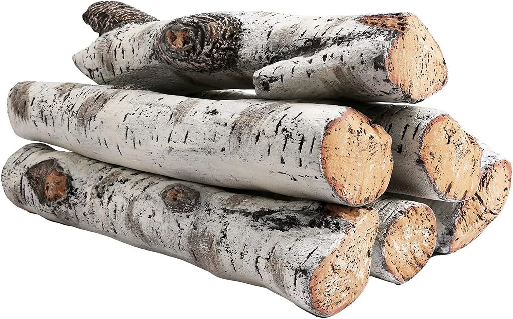 Hisencn Gas Fireplace Logs Set Ceramic White Birch Wood Logs for Indoor Inserts Outdoor Firebowl,Fire Pits, Vented, Propane, Gel, Ethanol, Electric, Realistic Fireplace Decoration 6 Pcs