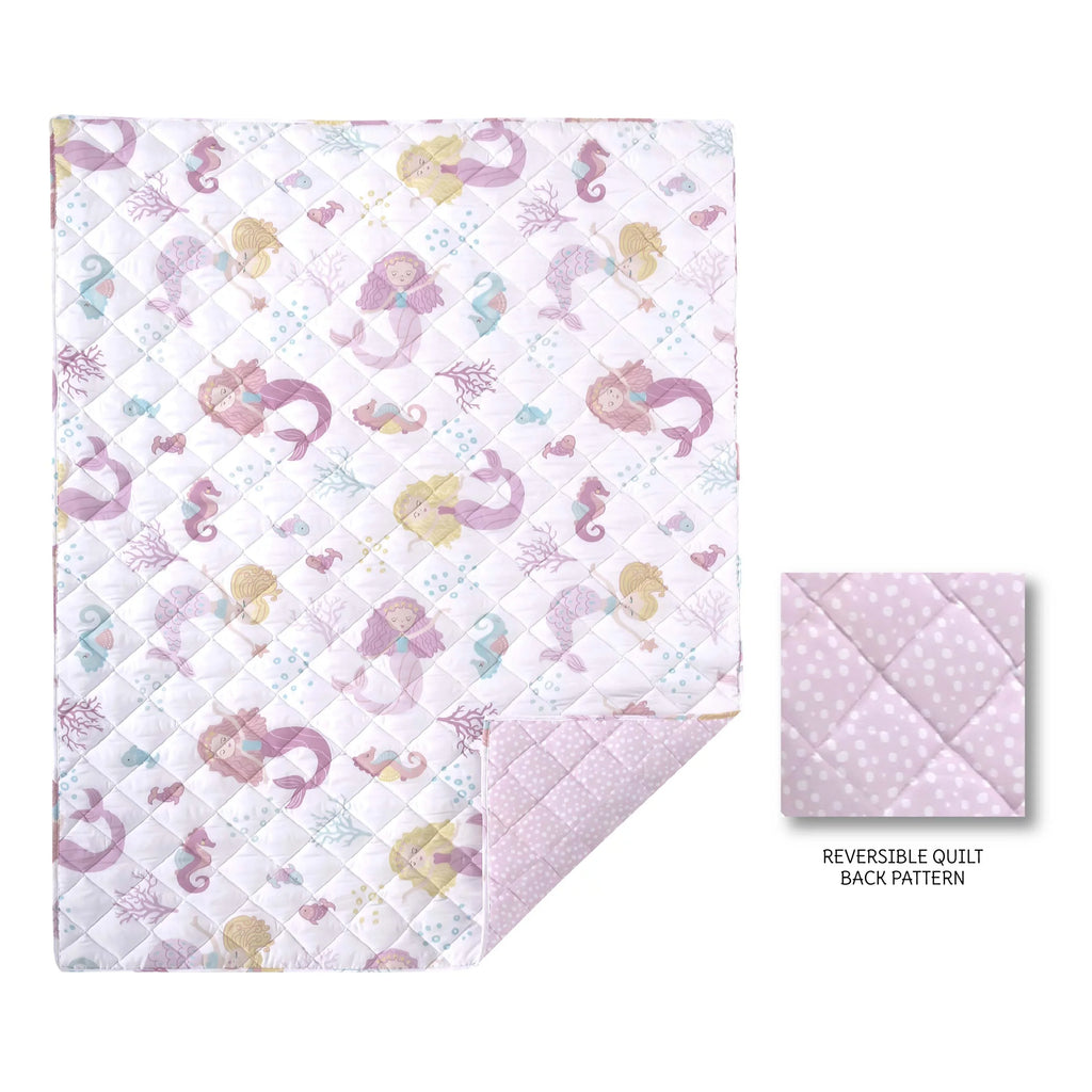 Levtex Baby - Mermaid Toddler Bed Set - Pink, Aqua, Taupe - Floral - 5 Piece Set Includes Reversible Quilt, Fitted Sheet, Flat Sheet, Pillow Case, Decorative Pilow