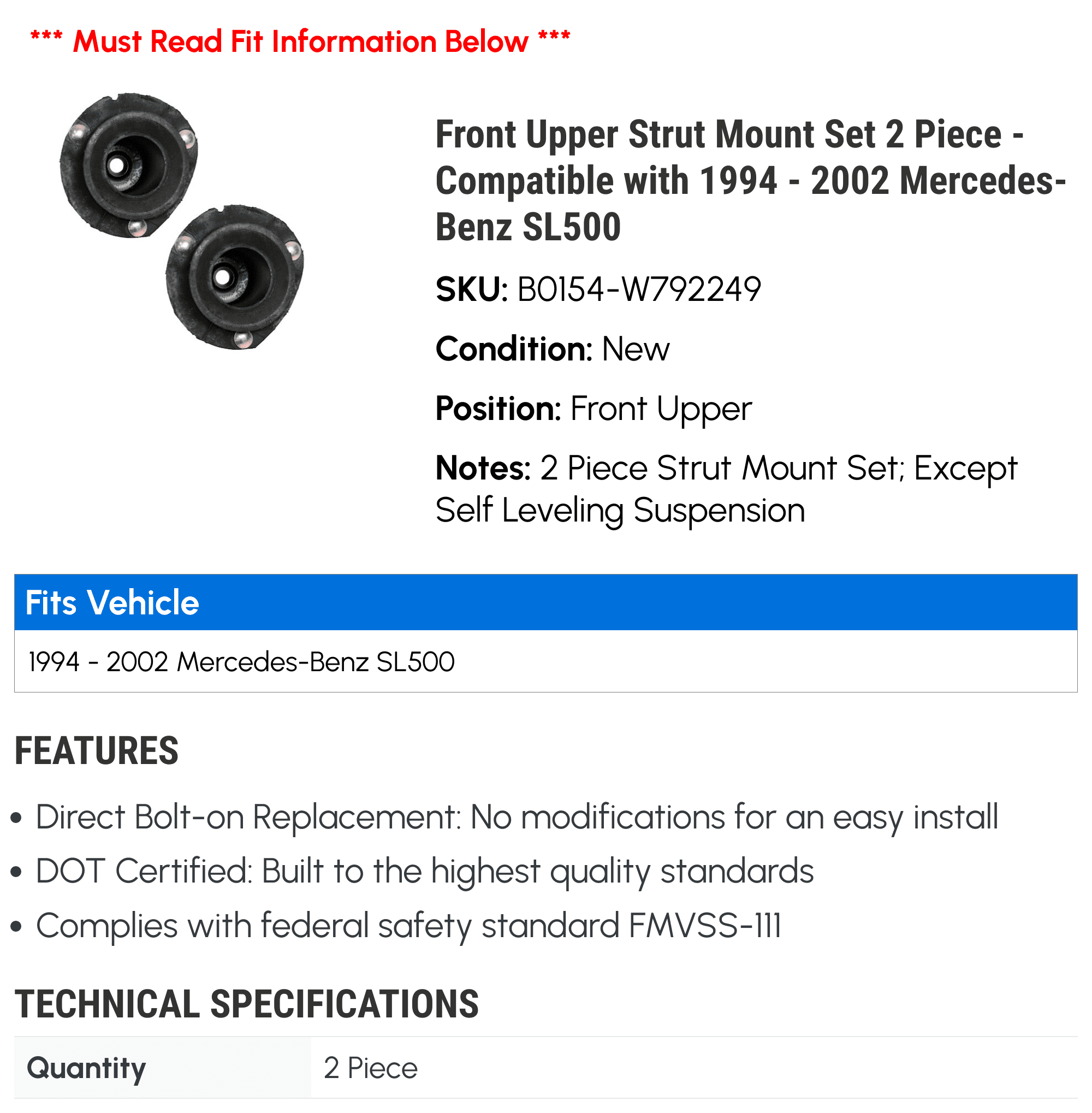 Front Upper Strut Mount Set 2 Piece - Suitable with 1994 - 2002 Mercedes-Benz SL500 1995 1996 1997 1998 1999 2000 2001
