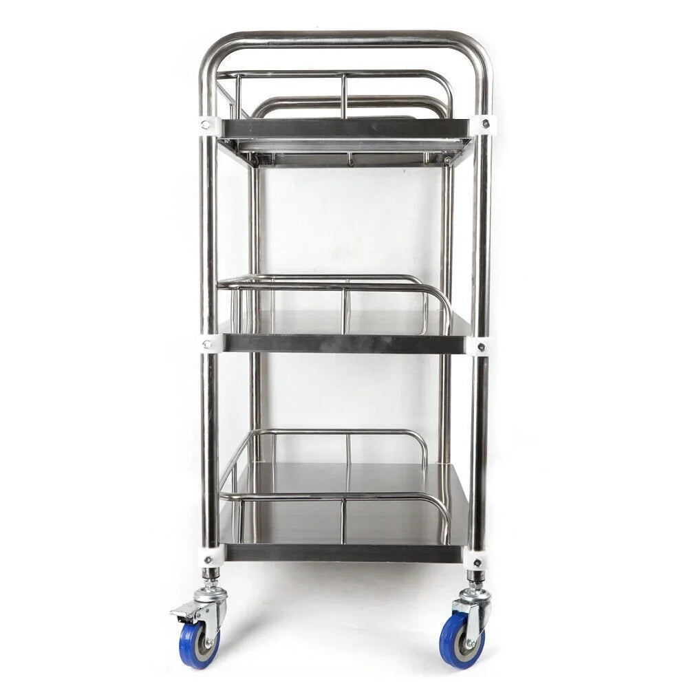 3 Layers Shelves Shelf Household Utility Cart Lab Mobile Rolling Serving Trolley Cart Stainless Steel Multifunction Storage Cart with Silent Locking Wheels for Hotel Restaurant Home Use Silver