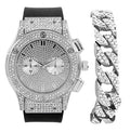 Charles Raymond Big Bling Watch Inspired by Hip Hop - Mens Iced Out Timepiece - Faux Chrono Eyes - Diamond Rhinestones on Blast - ST10311 (Silver Rubber Cuban)