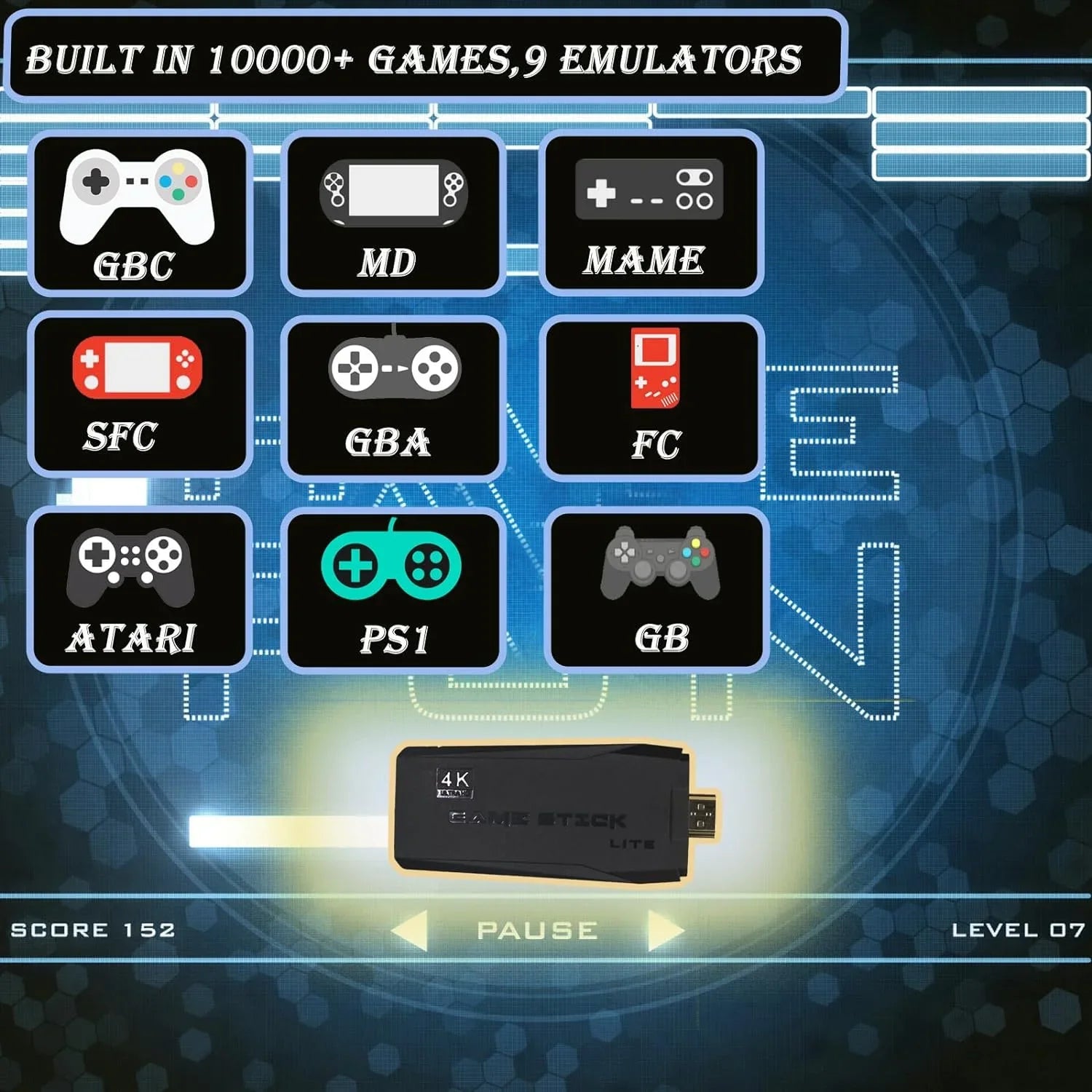 Wireless Retro Game Console,Built in 10000+ Classic Games,9 Emulators,Plug and Play Video Game Stick 4K High Definition HD Output for TV with Dual 2.4G Wireless Controllers
