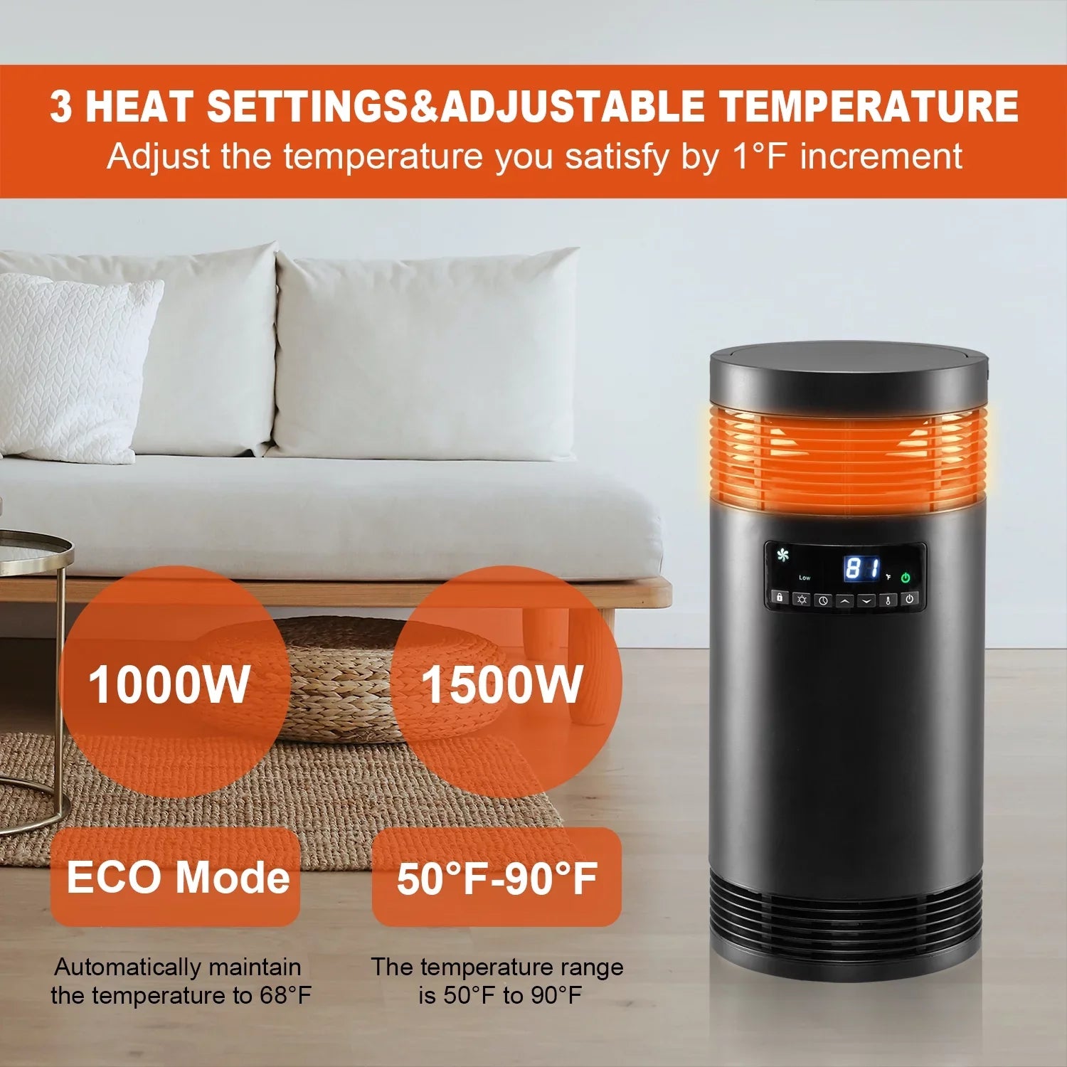 360° Surround Space Heater for Indoor Use, 1500W PTC Ceramic Office Heater with Thermostat, Fan Only Mode, Electric Portable Heater with Safety Protection for Office Desk