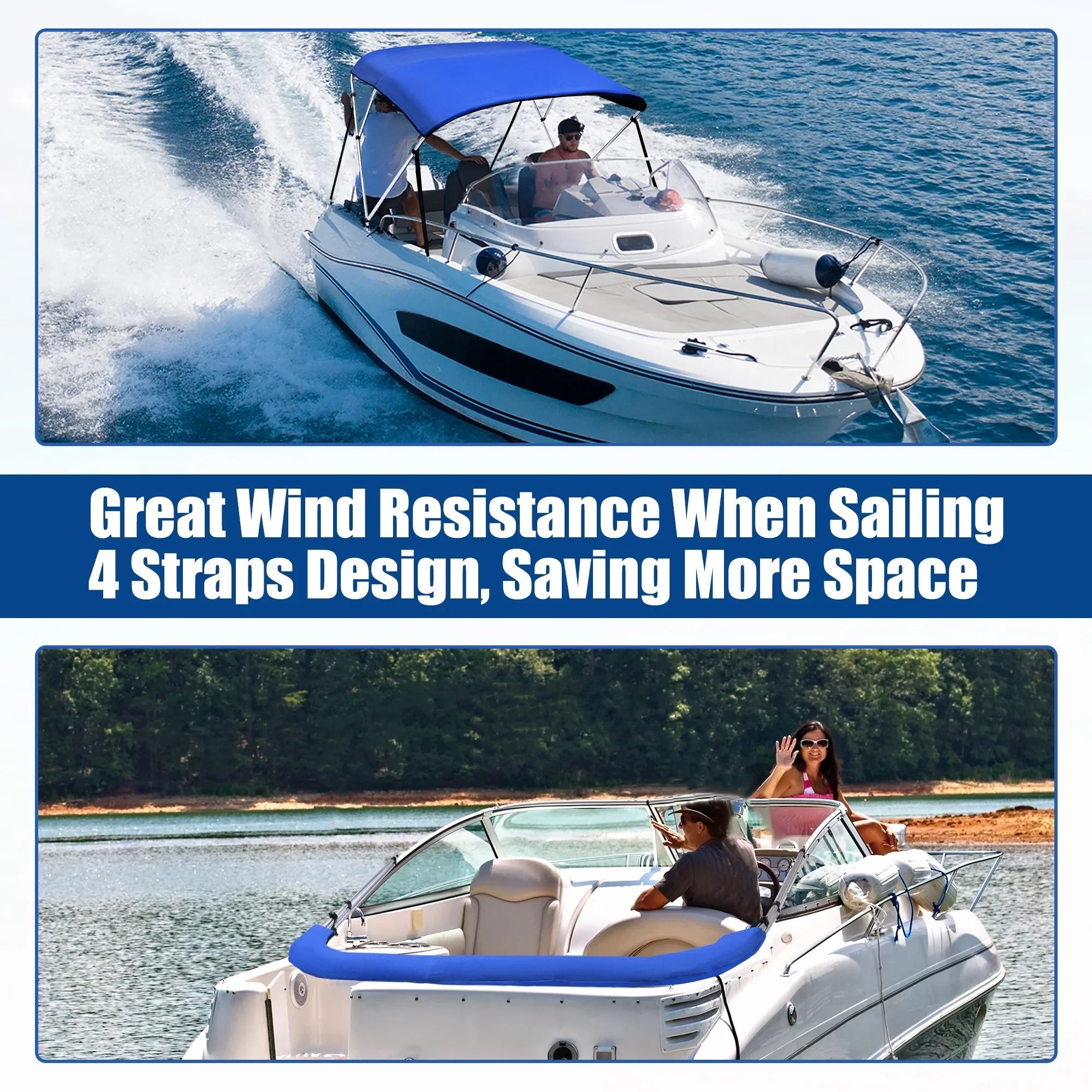 Unique Bargains 600D 3 Bow 6"L x 46"Hx61"-66"W Bimini Top Stainless Steel Deck Hinges Blue