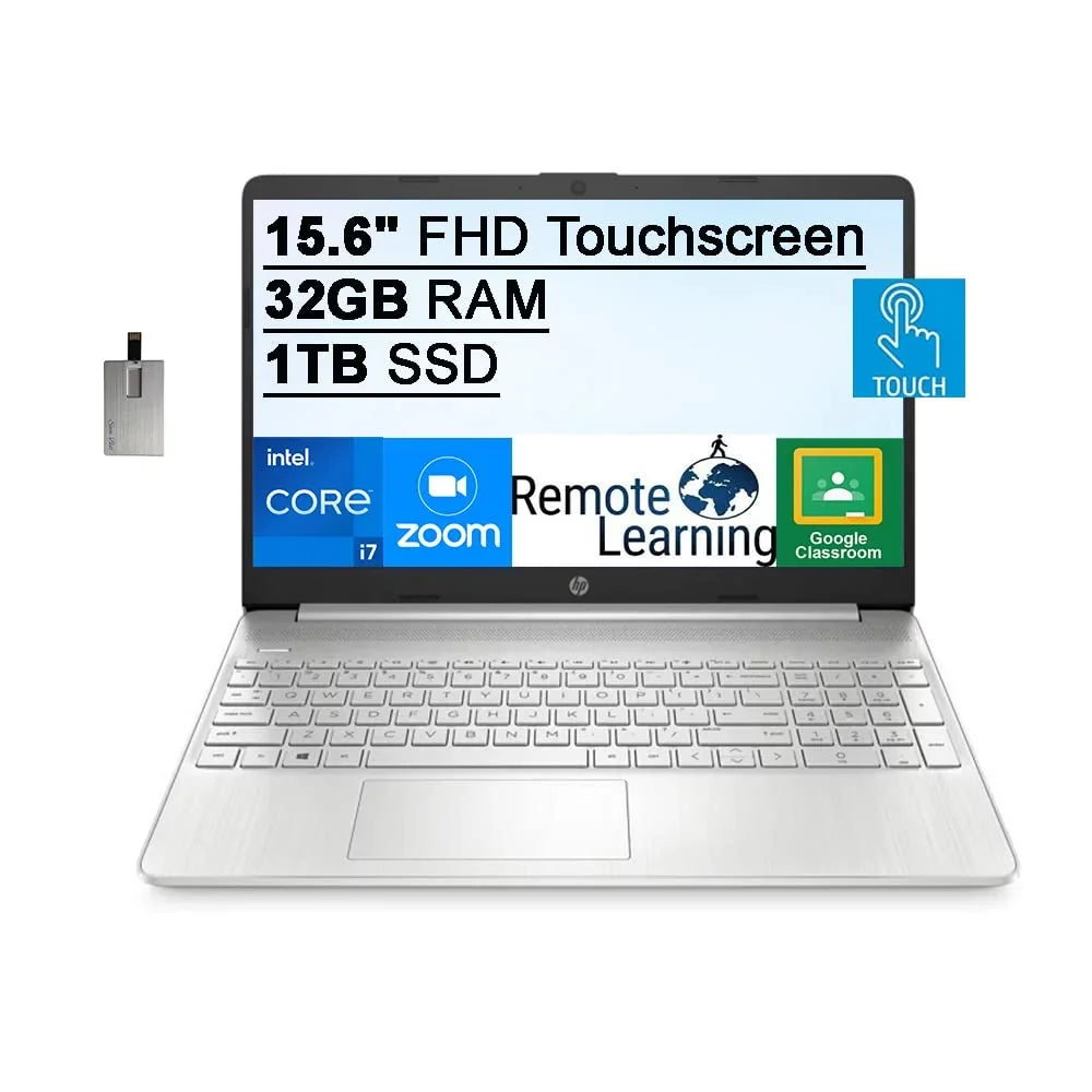 HP 2021 15.6" FHD IPS Touchscreen Laptop Computer, i7-1165G7 (Beats i7-1065g7), 32GB RAM, 1TB SSD, Iris Xe Graphics, HD Webcam, HD Audio, Windows 11 S, Silver, 32GB SnowBell USB Card