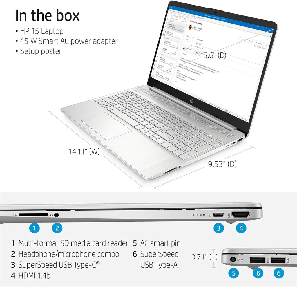 HP 15 15.6" Full HD Business Laptop Computer, 4-core i5-1135G7, 16GB RAM, 1TB PCIe SSD, Iris Xe Graphic, Wi-Fi 6, BT 4.2, Natural Silver, Windows 11 Home