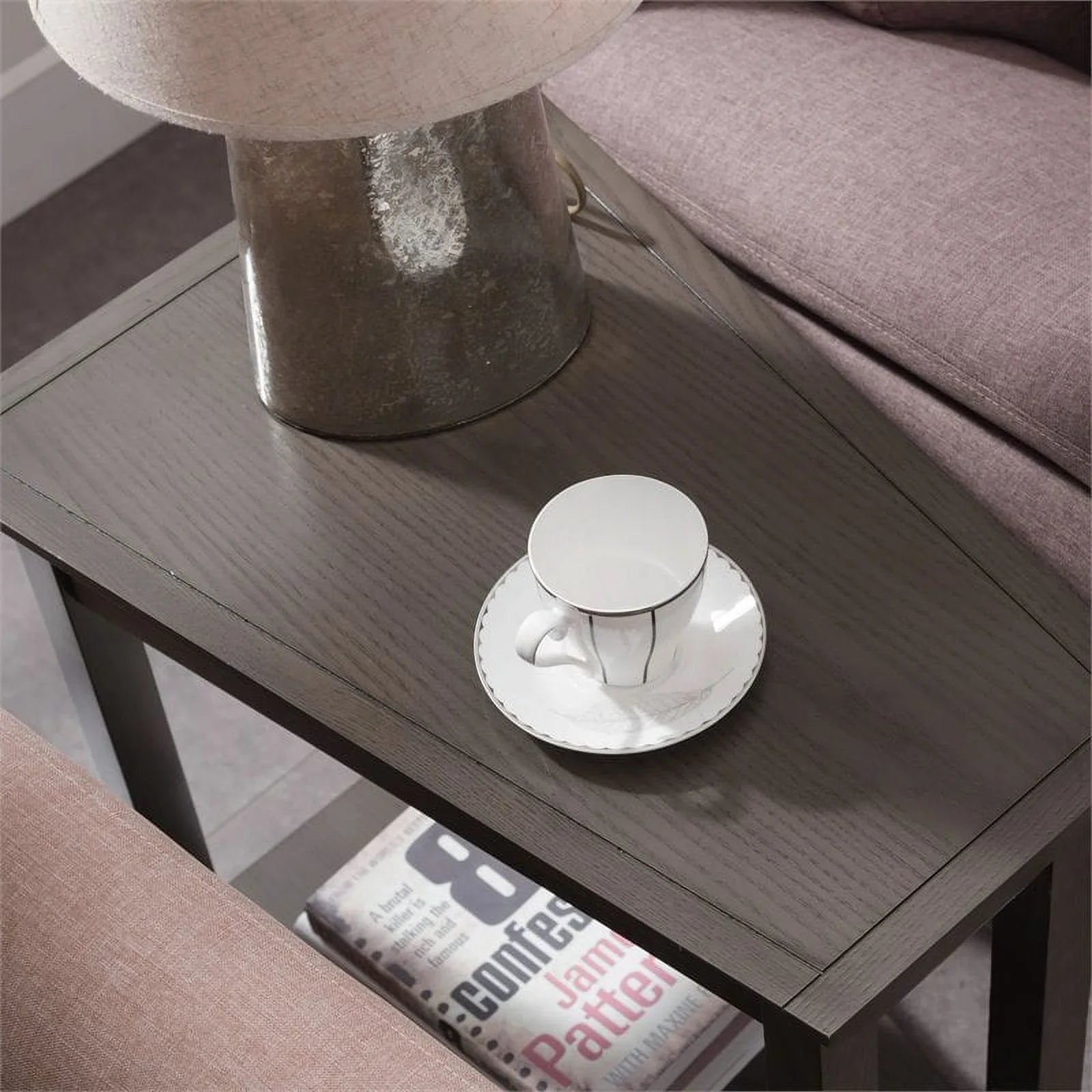 Bowery Hill Wood Wedge Table with Shelf in Smoke Gray/Black Slate