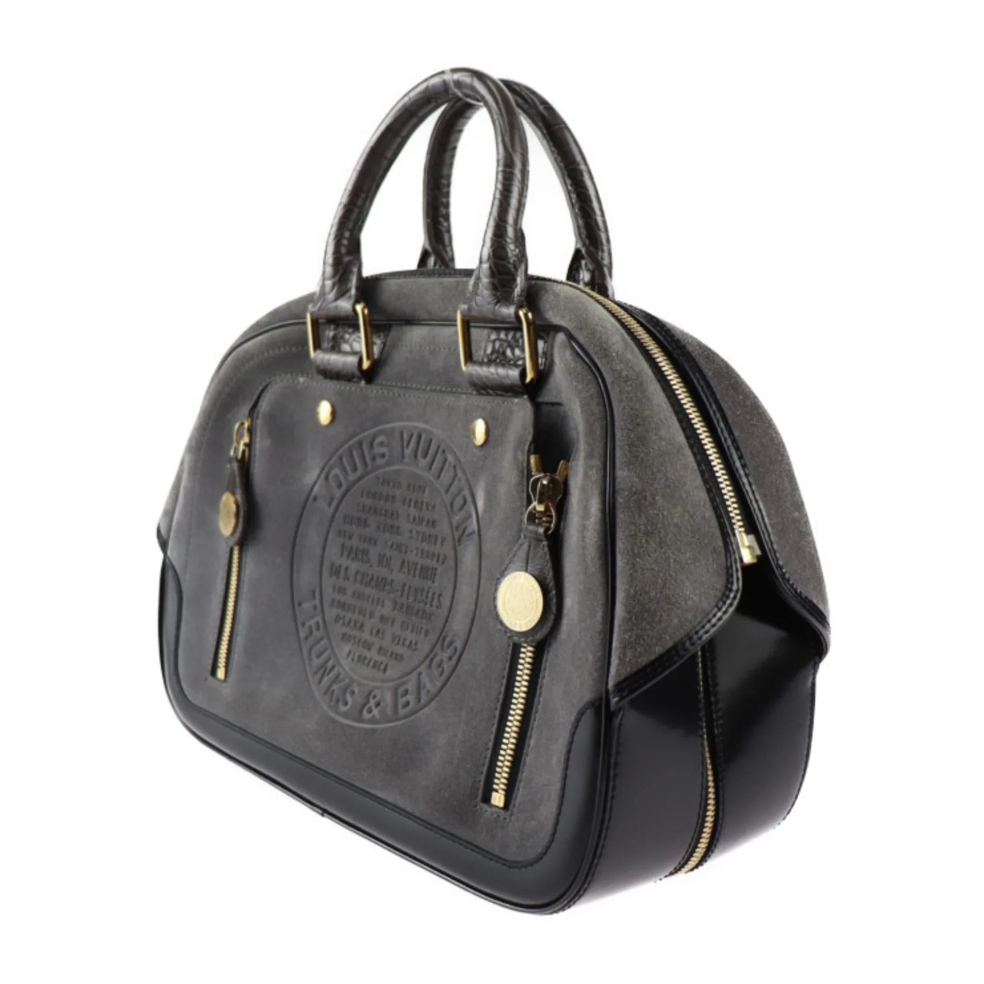 Pre-Owned LOUIS VUITTON Louis Vuitton Stamp Bag GM Handbag M95237 Suede Calf Leather Gray Black Gold Hardware (Good)