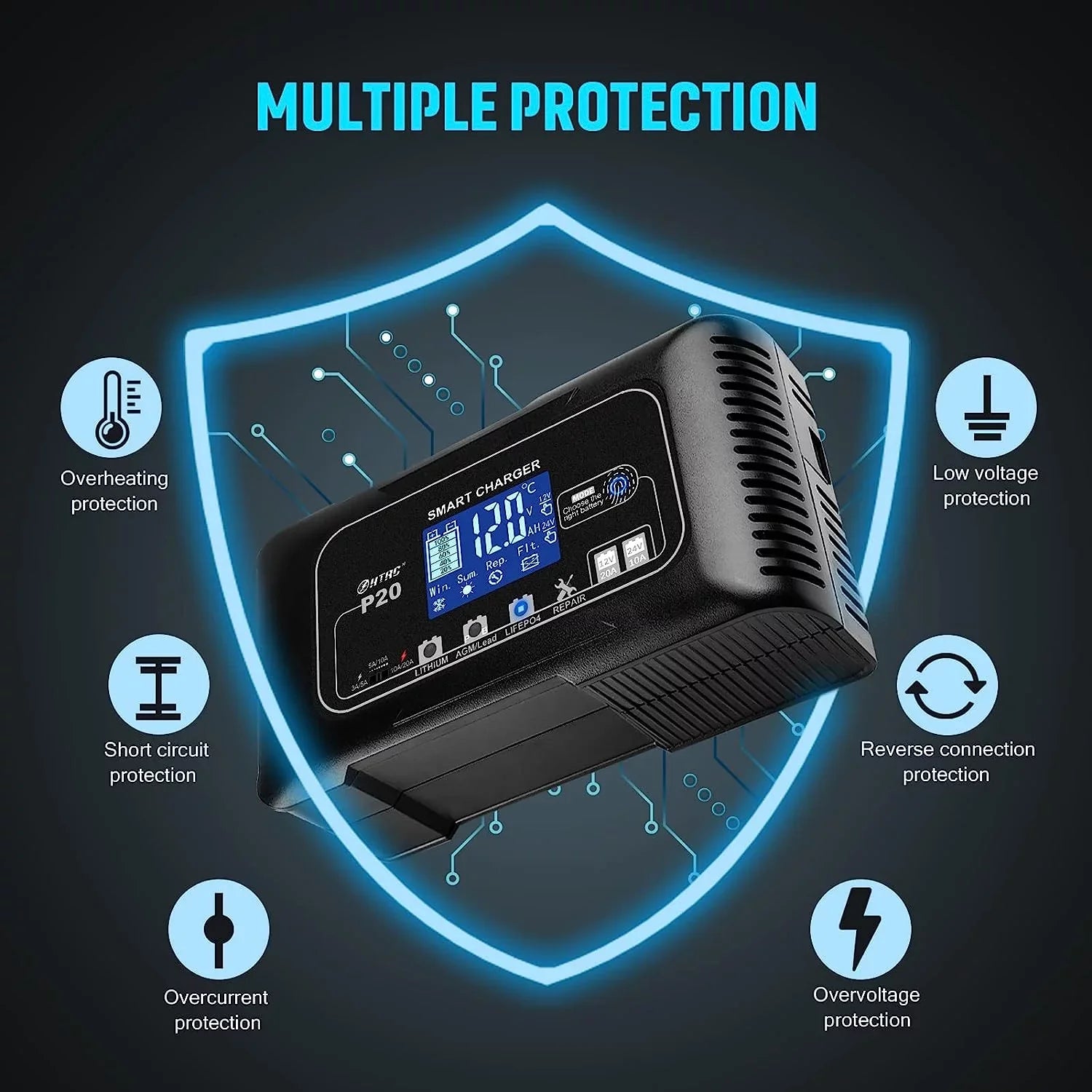 OIEXI 20-Amp Smart Battery Charger,Lithium,LiFePO4,Lead-Acid,Portable Car Battery Charger,Trickle Charger,Maintainer/Deep Cycle Charger,12V/20A and 24V/10A Adjustable,for Vessel Mower,Golf Cart..