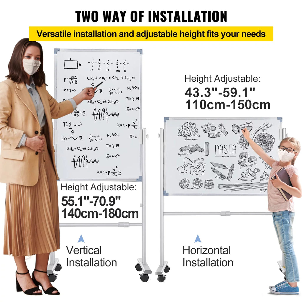 BENTISM Mobile Magnetic Whiteboard Dry Erase Board w/ Stand 36" x 24" Double Sided with Height Adjustable Aluminum Frame and 360 Reversible Rolling Lockable Swivel Wheels for Office School Home