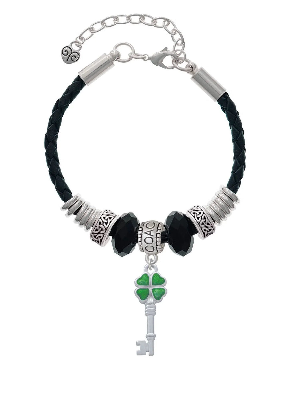 Delight Jewelry Silvertone Translucent Green Lucky Four Leaf Clover Key Coach Celtic Knot Leather Bead Bracelet, 7"+2" Extender