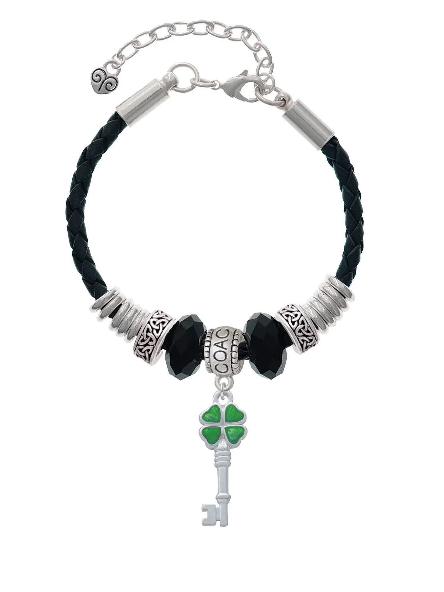 Delight Jewelry Silvertone Translucent Green Lucky Four Leaf Clover Key Coach Celtic Knot Leather Bead Bracelet, 7"+2" Extender