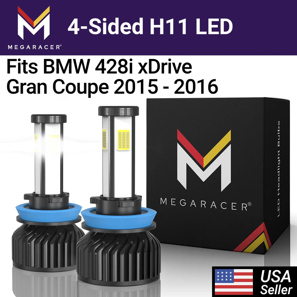 Mega Racer BMW 428i xDrive Gran Coupe 4 Sided H11 H9 H8 LED Headlight Bulbs 6000K Diamond White 12V 60W 10000LM BMW 428i xDrive Gran Coupe 2015 2016 15 16 Fog Light Automotive Replacement