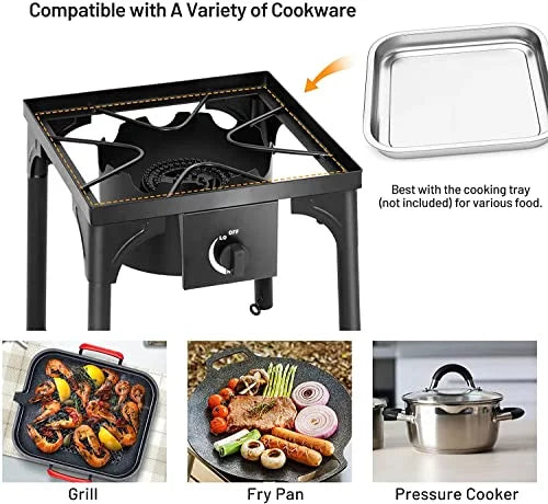 Moccha 100, 000 BTU Single Burner Outdoor Stove Propane Gas Cooker w/Detachable Legs, Portable Cast Iron Patio Cooking Burner Perfect for Camping, Patio, or RV